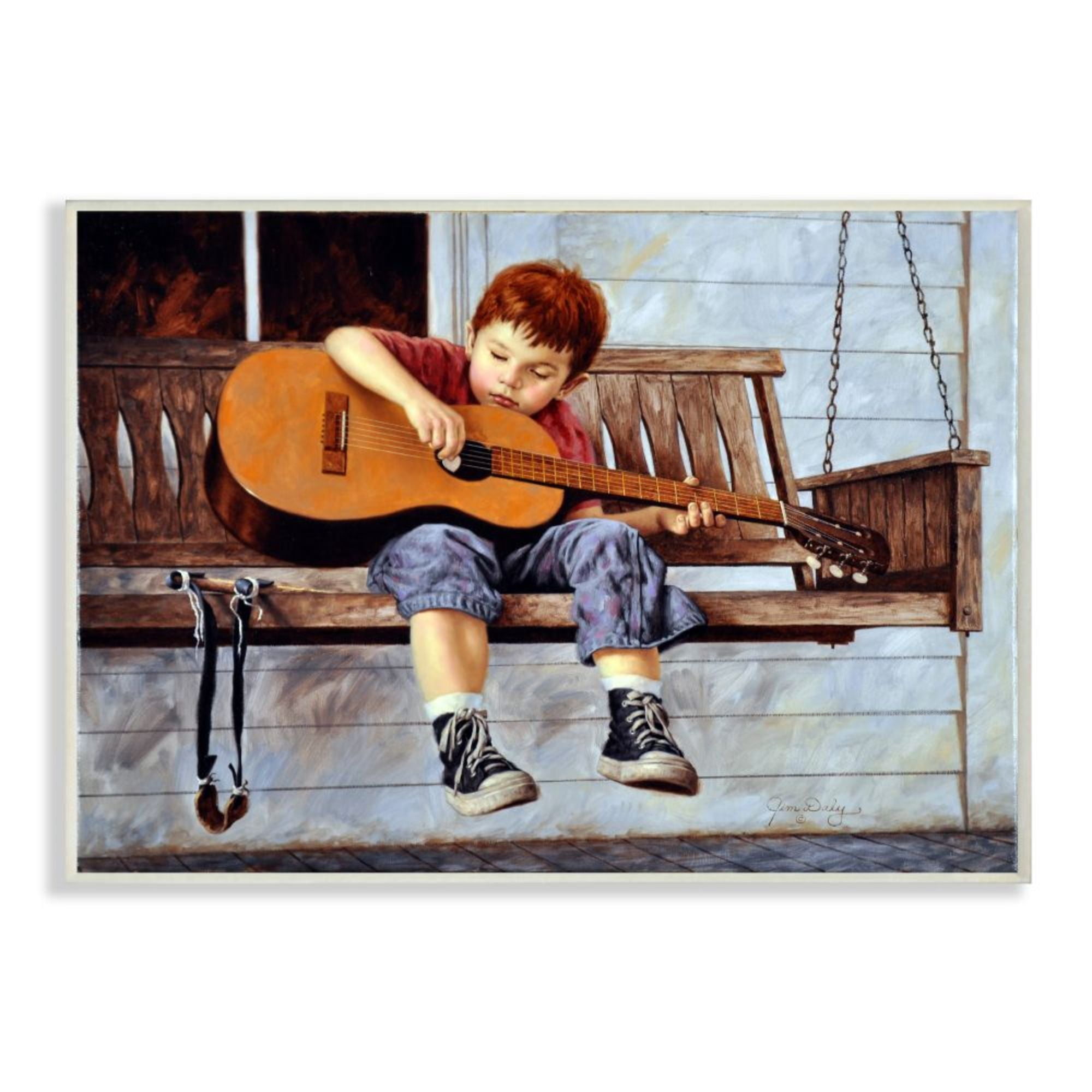 Stupell Industries Boy Strumming Guitar Front Porch Swing Painting Design by Jim Daly