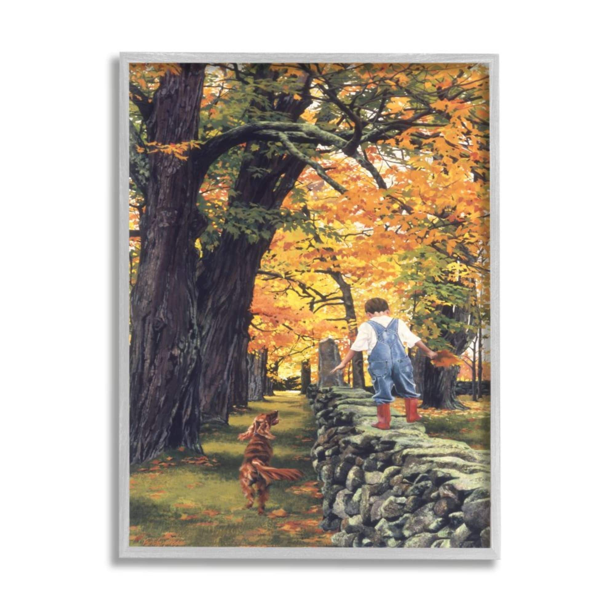 Stupell Industries Boy Walking on Stone Wall with Dog Design by Heide Presse, 11" x 14", Gray Framed