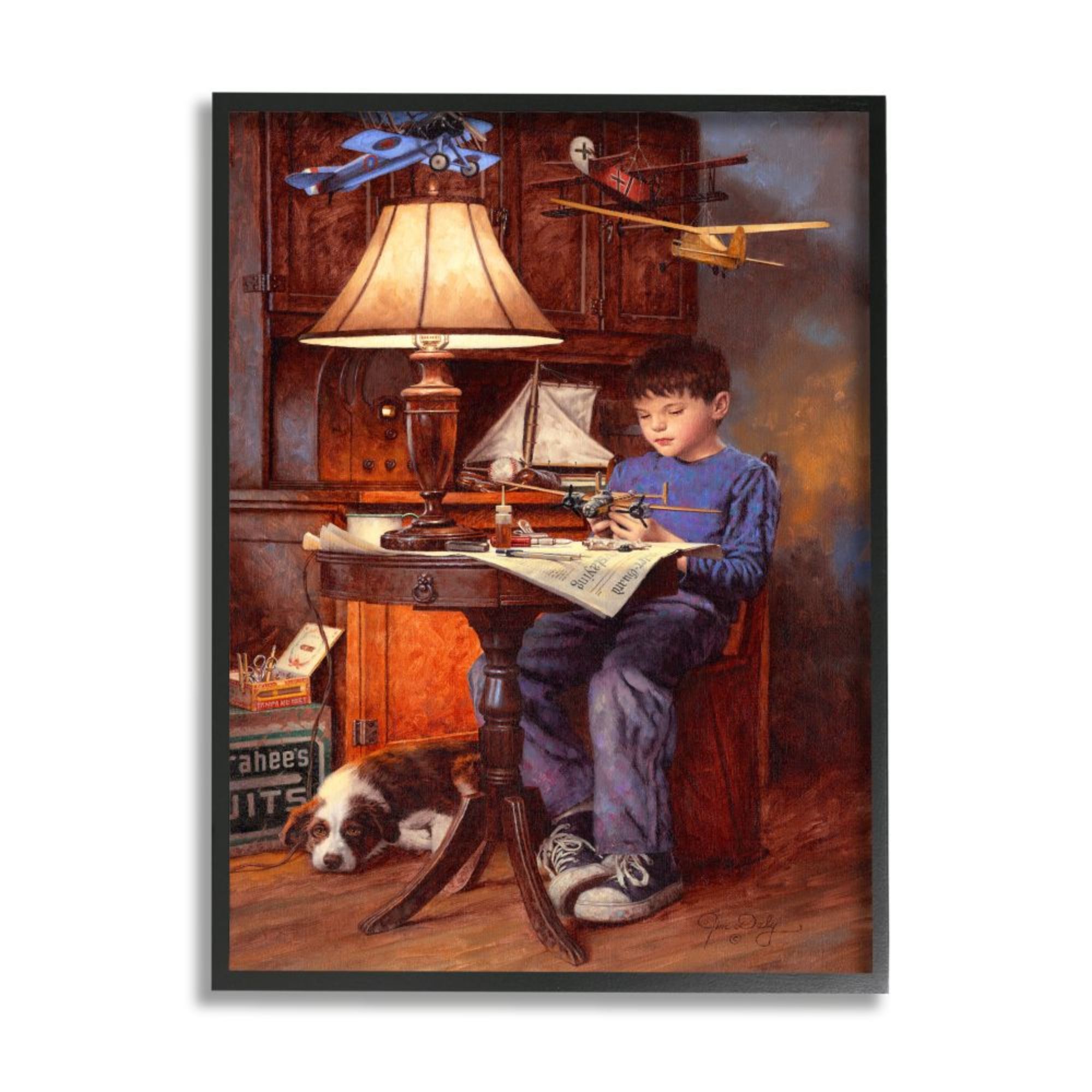 Stupell Industries Boy with Model Airplanes Pet Dog Blue Brown Design by Jim Daly, 11" x 14", Black Framed