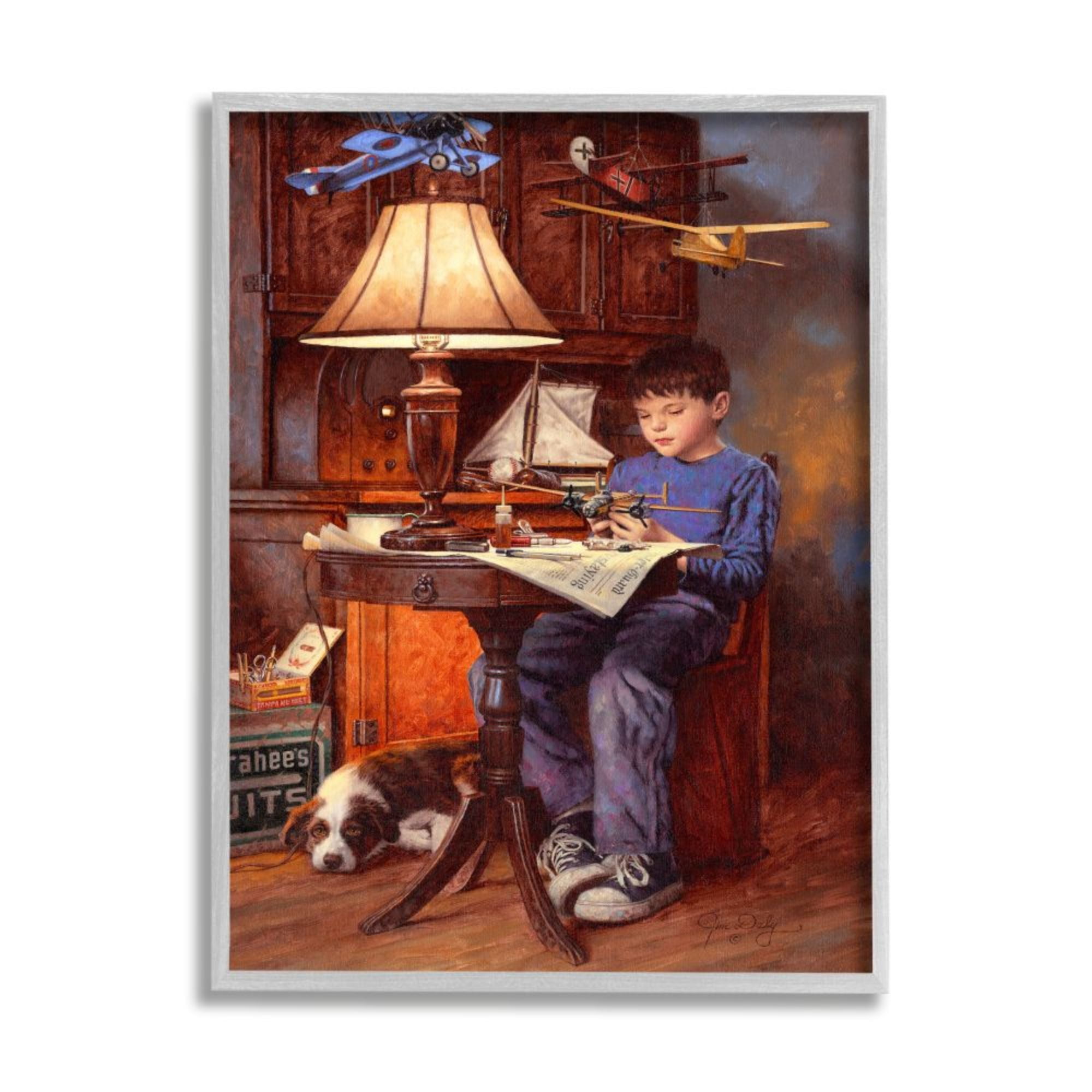 Stupell Industries Boy with Model Airplanes Pet Dog Blue Brown Design by Jim Daly, 11" x 14", Gray Framed