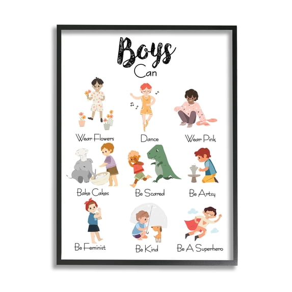 Stupell Industries Boys Can Phrase Inclusive Chart of Fun Activities Typography Painting Black Framed Art Print Wall Art, 16 x 20