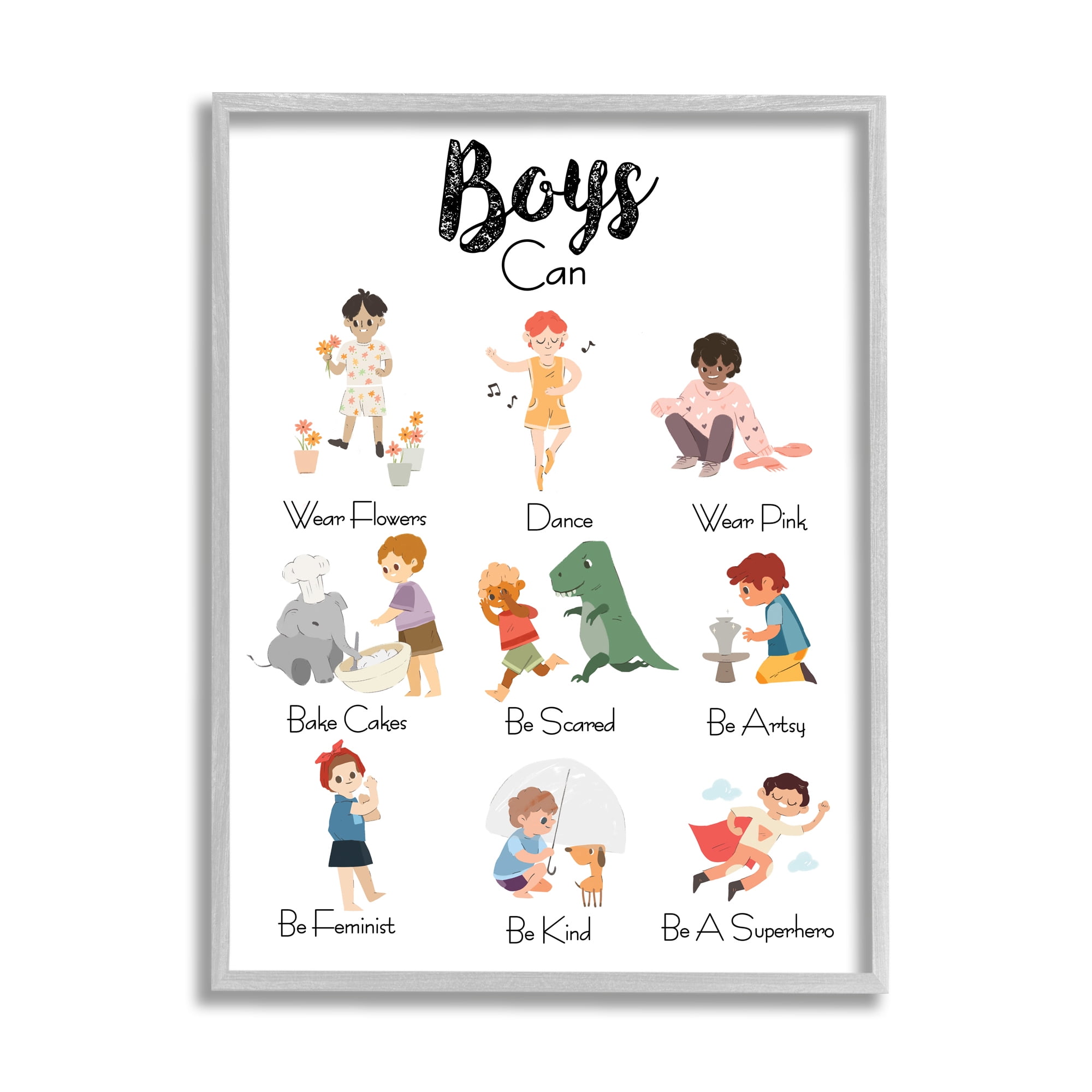 Stupell Industries Boys Can Phrase Inclusive Chart of Fun Activities Typography Painting Gray Framed Art Print Wall Art, 11 x 14
