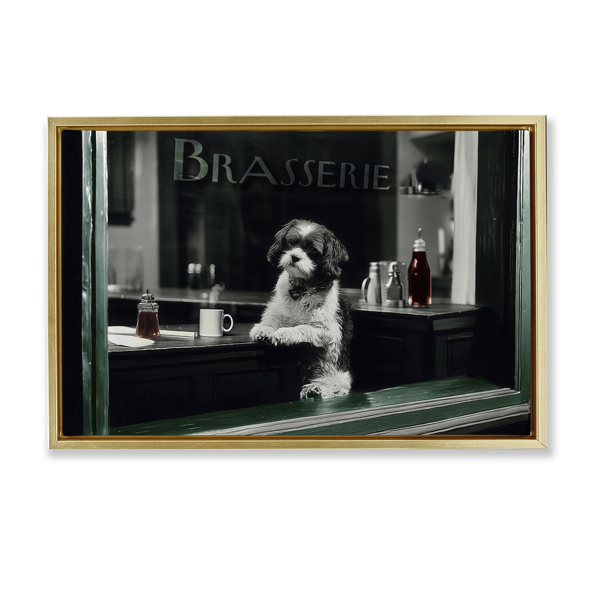 Stupell Industries Brasserie Vintage Dog in Window Gold Framed Floater Canvas Wall Art, design by Annabelle Hall