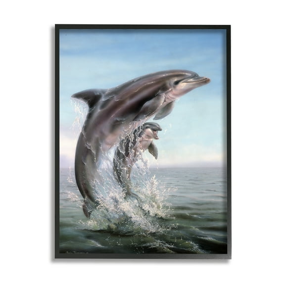 Stupell Industries Breaching Dolphins Water Splash Coastal Painting Black Framed Art Print Wall Art