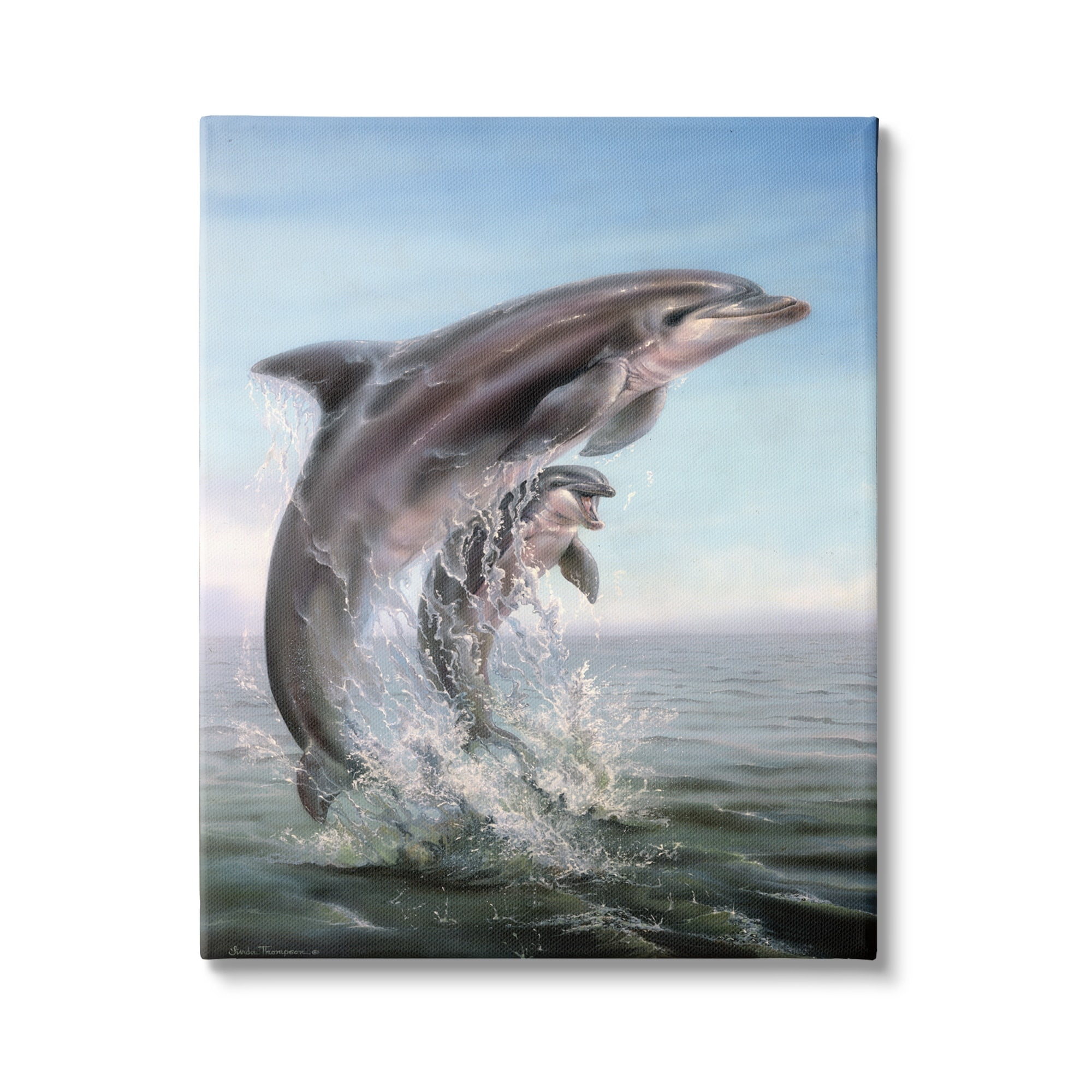 Stupell Industries Breaching Dolphins Water Splash Coastal Painting Gallery Wrapped Canvas Print Wall Art