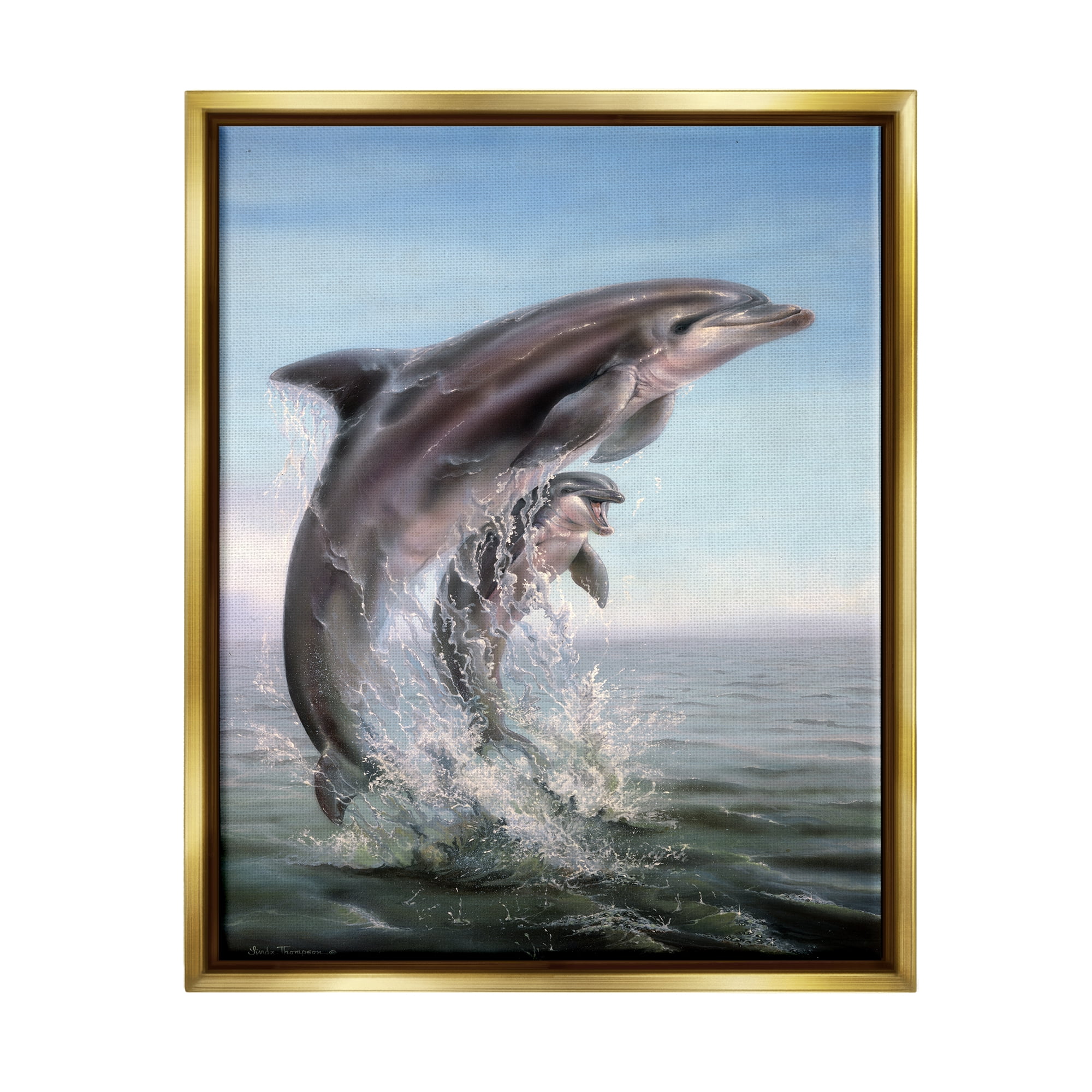 Stupell Industries Breaching Dolphins Water Splash Coastal Painting Gold Floater Framed Art Print Wall Art