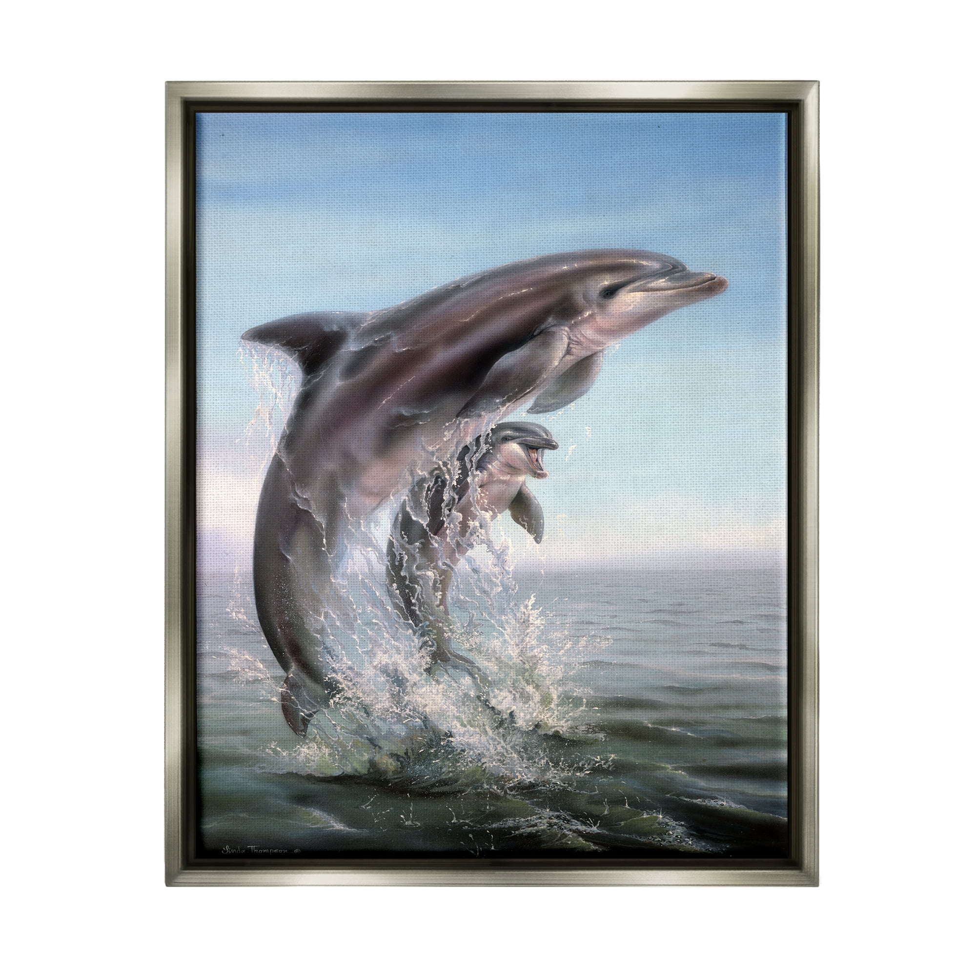 Stupell Industries Breaching Dolphins Water Splash Coastal Painting Gray Floater Framed Art Print Wall Art