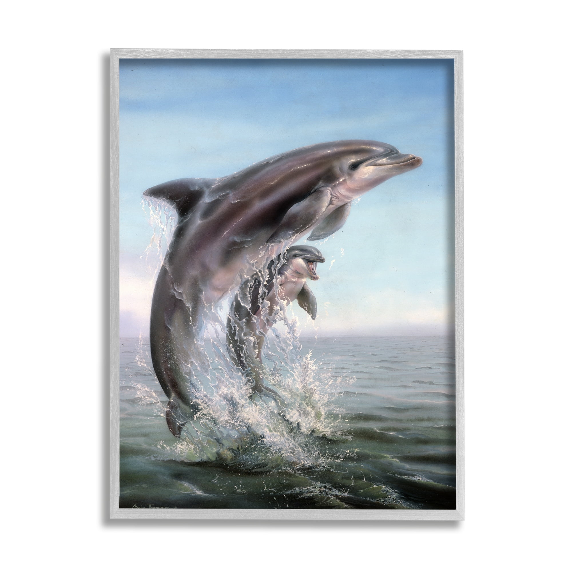 Stupell Industries Breaching Dolphins Water Splash Coastal Painting Gray Framed Art Print Wall Art