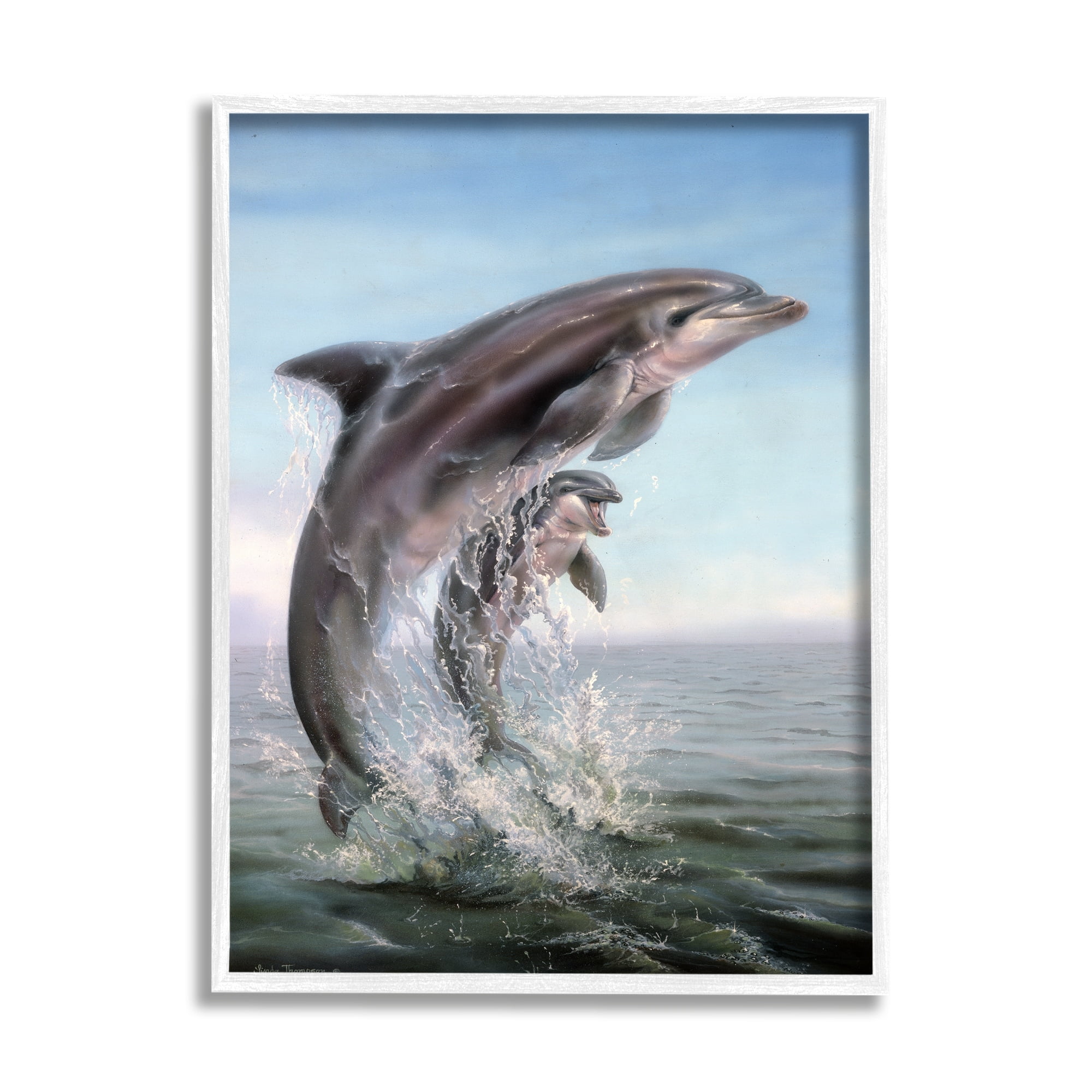 Stupell Industries Breaching Dolphins Water Splash Coastal Painting White Framed Art Print Wall Art
