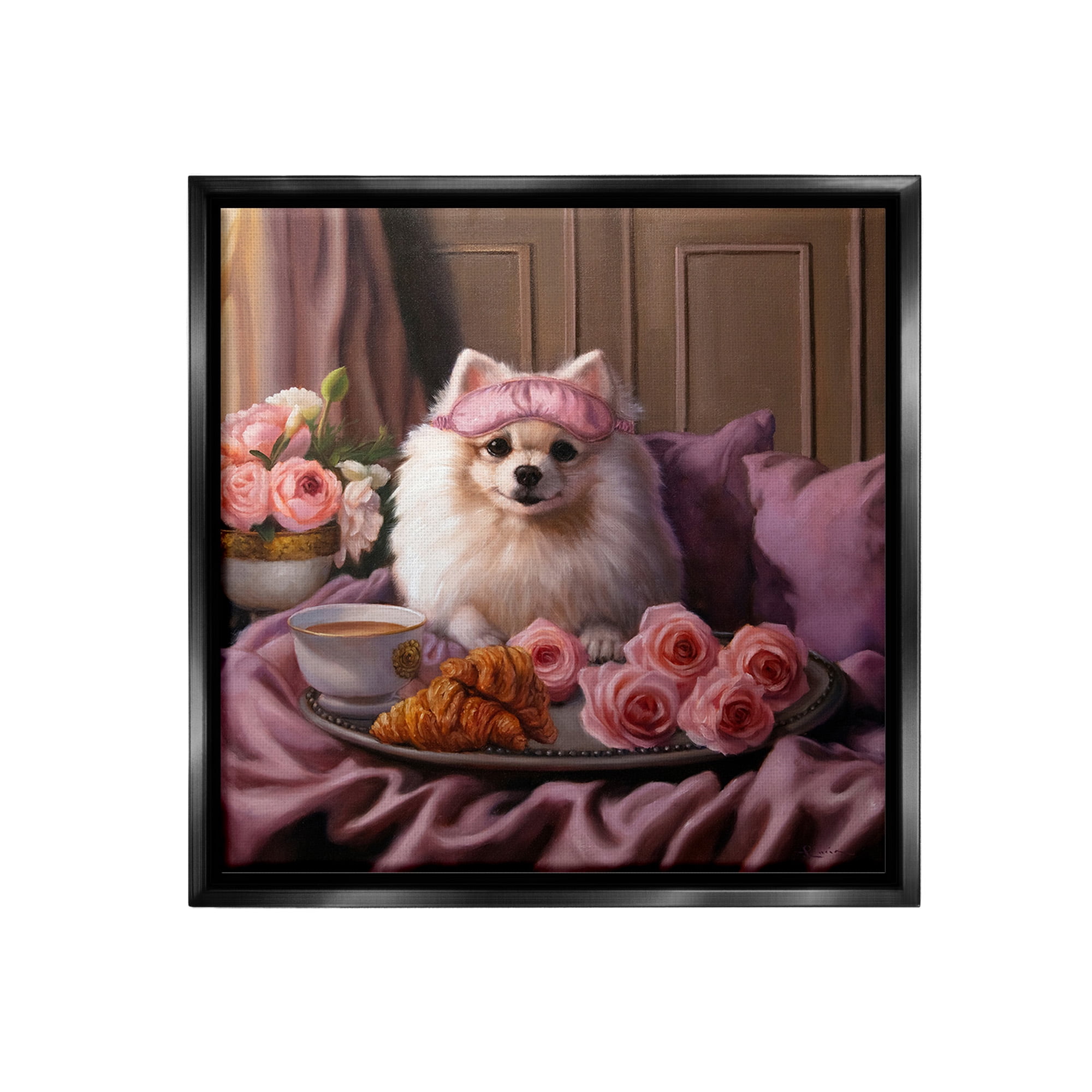 Stupell Industries Breakfast in Bed Dog Animals & Insects Painting Black Floater Framed Canvas Art Print Wall Art, 18 x 18