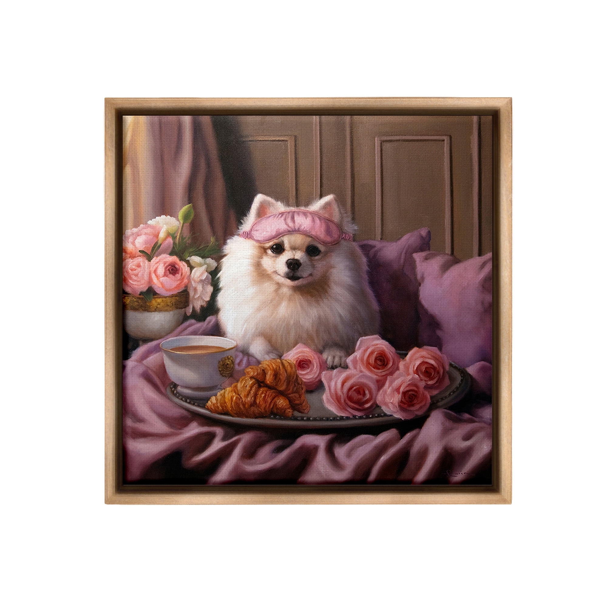 Stupell Industries Breakfast in Bed Dog Animals & Insects Painting Brown Floater Framed Canvas Art Print Wall Art, 18 x 18