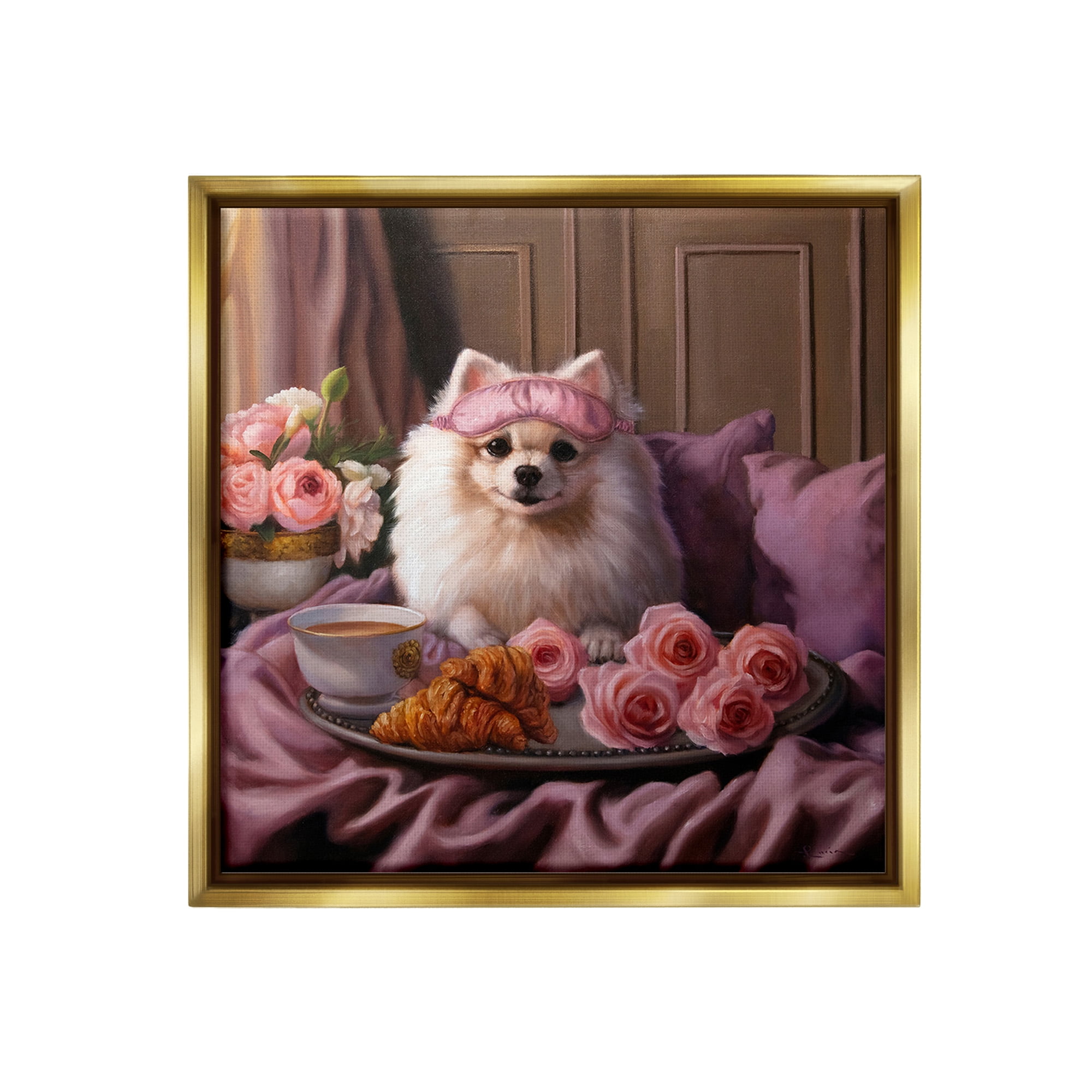 Stupell Industries Breakfast in Bed Dog Animals & Insects Painting Gold Floater Framed Canvas Art Print Wall Art, 18 x 18