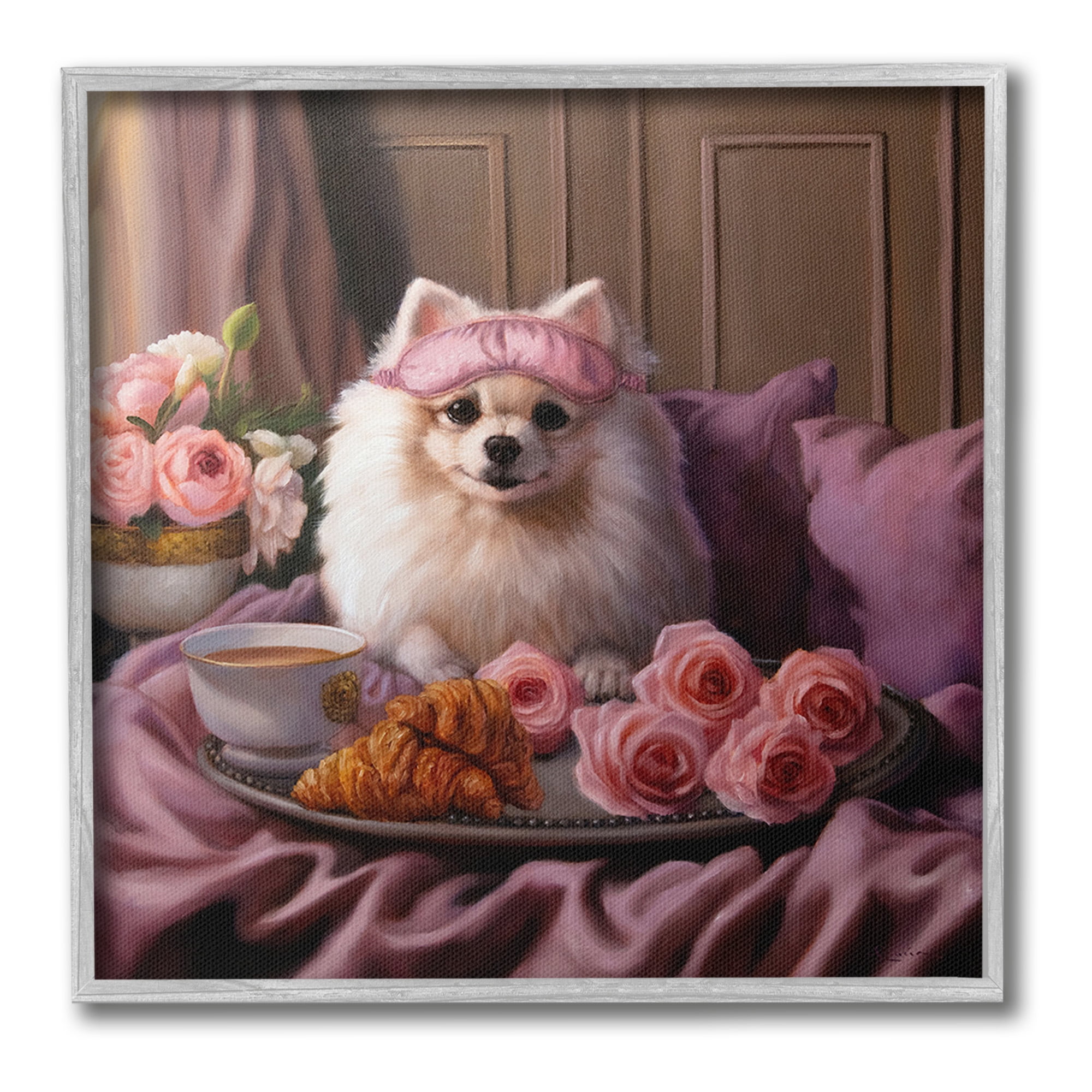 Stupell Industries Breakfast in Bed Dog Animals & Insects Painting Gray Framed Art Print Wall Art, 24 x 24
