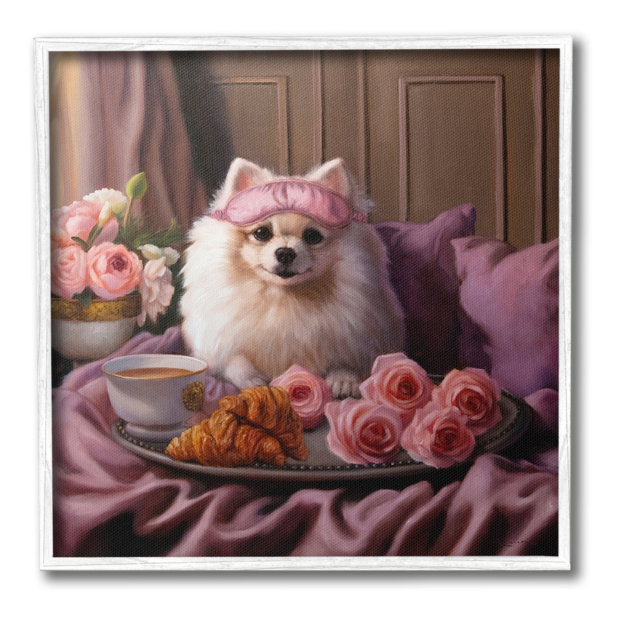 Stupell Industries Breakfast in Bed Dog Animals & Insects Painting White Framed Art Print Wall Art, 12 x 12