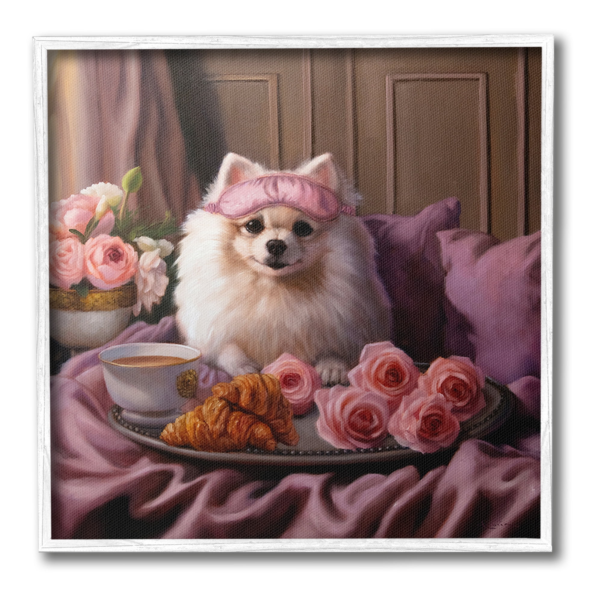 Stupell Industries Breakfast in Bed Dog Animals & Insects Painting White Framed Art Print Wall Art, 24 x 24
