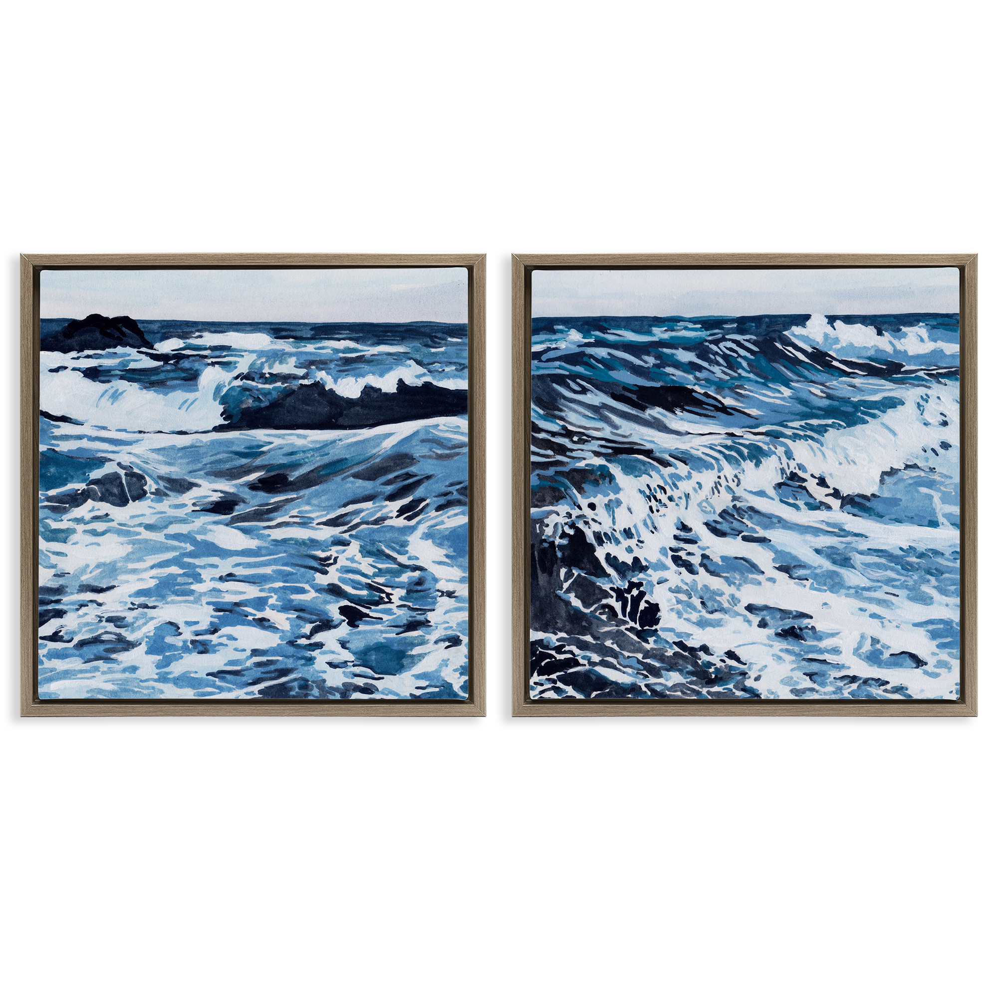 Stupell Industries Breaking Ocean Waves Nautical & Beach Painting Brown Floater Framed Canvas Art Print Wall Art, 18 x 18, Set of 2