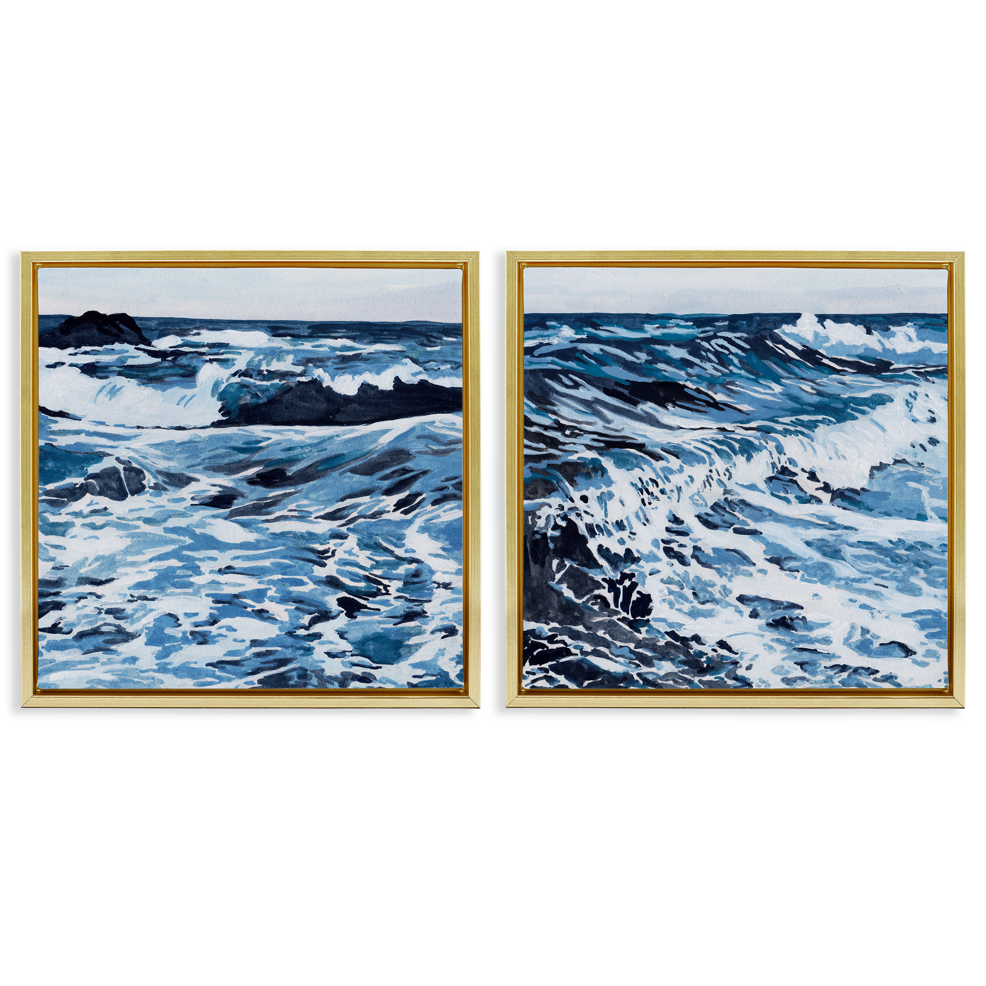 Stupell Industries Breaking Ocean Waves Nautical & Beach Painting Gold Floater Framed Canvas Art Print Wall Art, 25 x 25, Set of 2