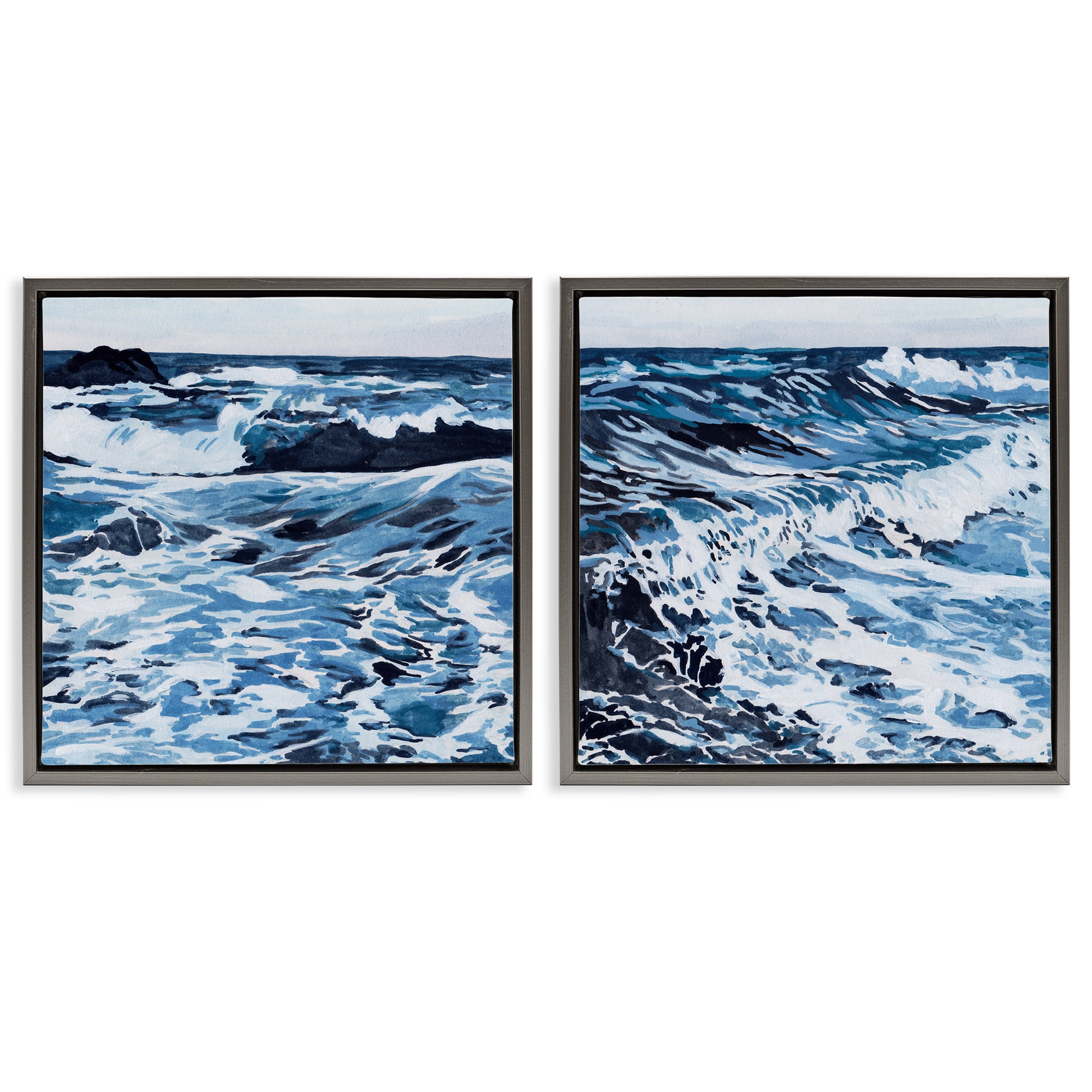 Stupell Industries Breaking Ocean Waves Nautical & Beach Painting Gray Floater Framed Canvas Art Print Wall Art, 18 x 18, Set of 2