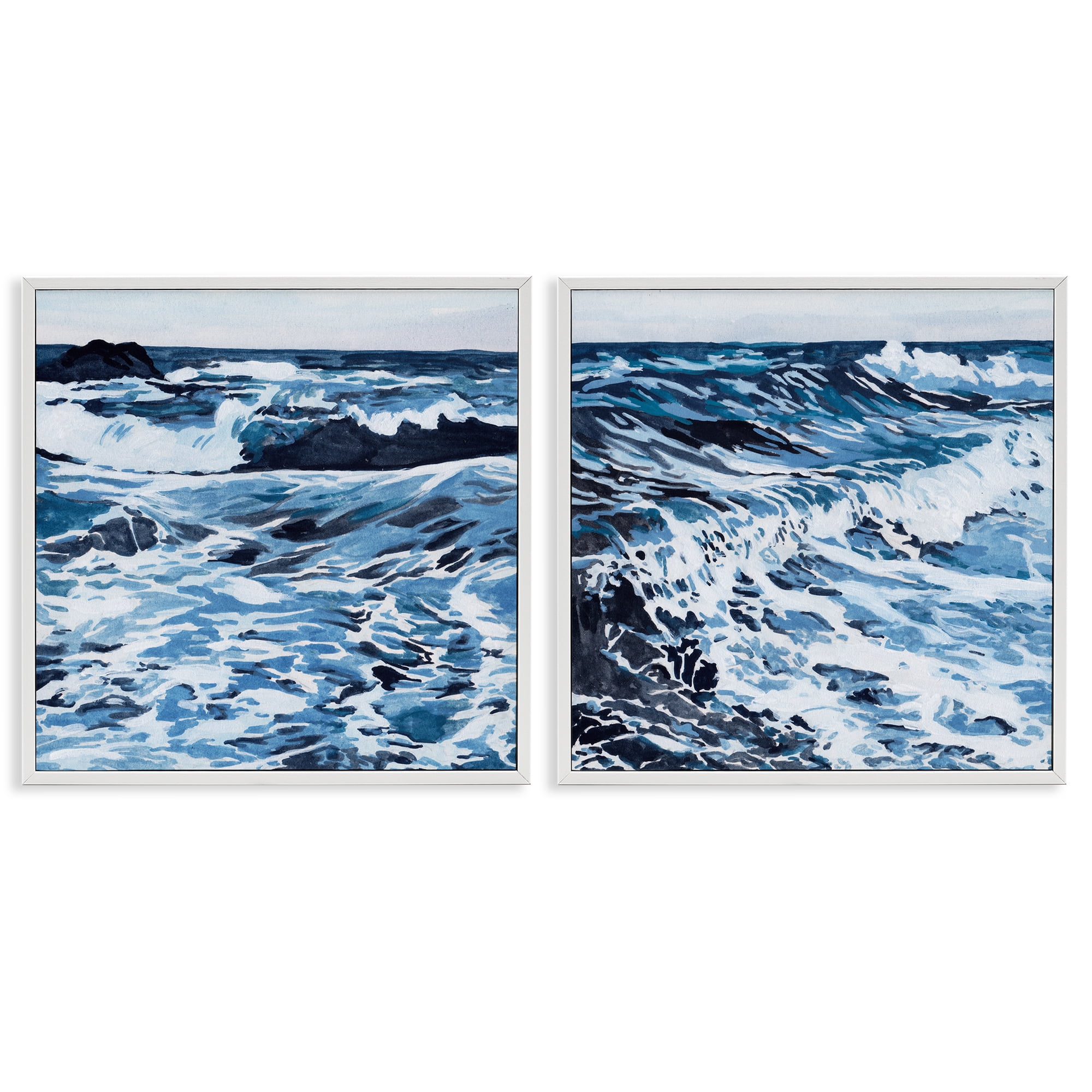 Stupell Industries Breaking Ocean Waves Nautical & Beach Painting White Framed Art Print Wall Art, 17 x 17, Set of 2