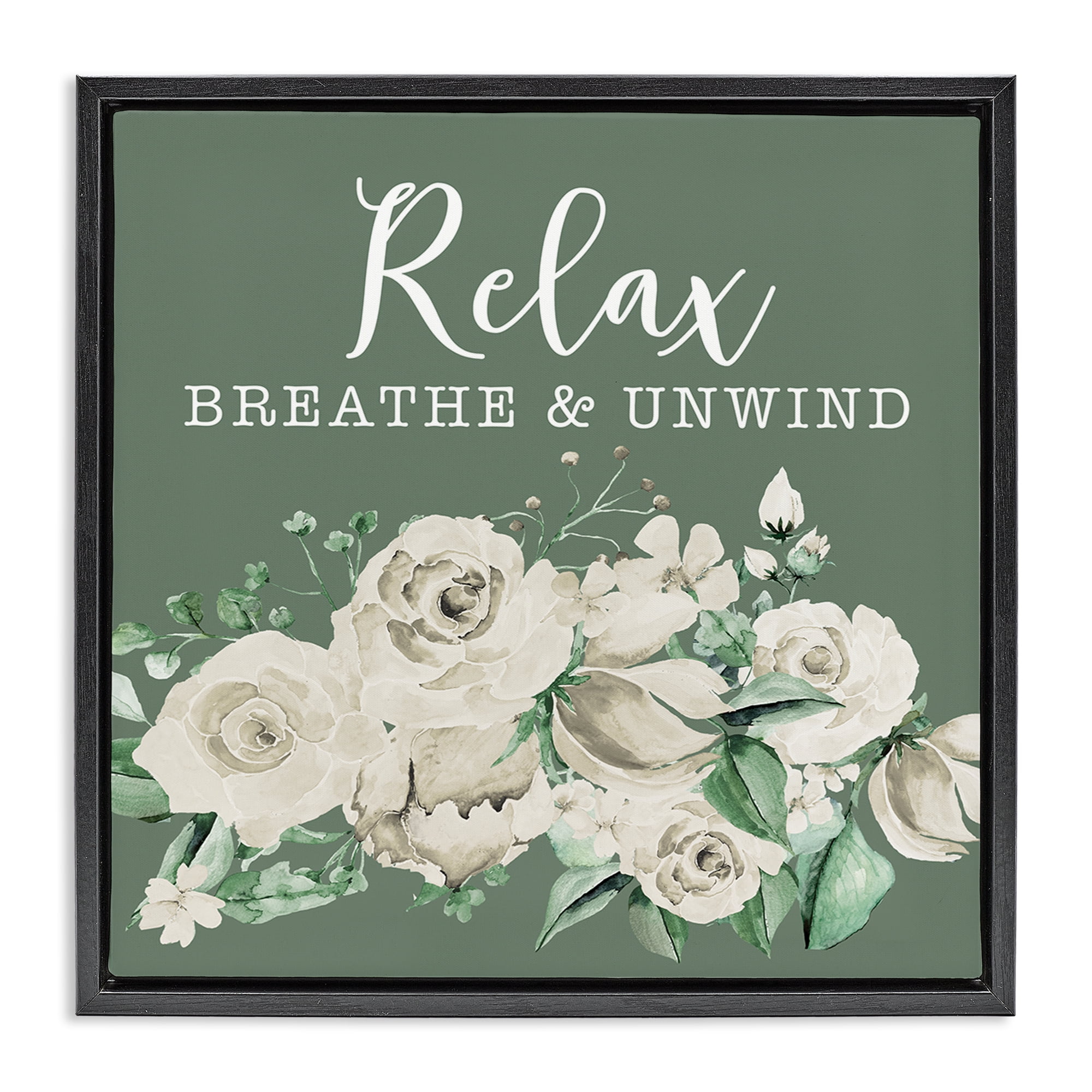 Stupell Industries Breathe & Unwind with Florals Bath & Laundry Painting Black Floater Framed Canvas Art Print Wall Art, 18 x 18