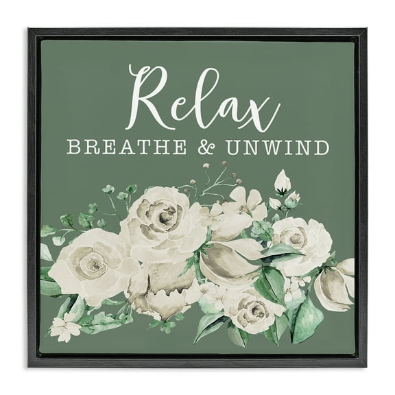Stupell Industries Breathe & Unwind with Florals Bath & Laundry Painting Black Floater Framed Canvas Art Print Wall Art, 18 x 18