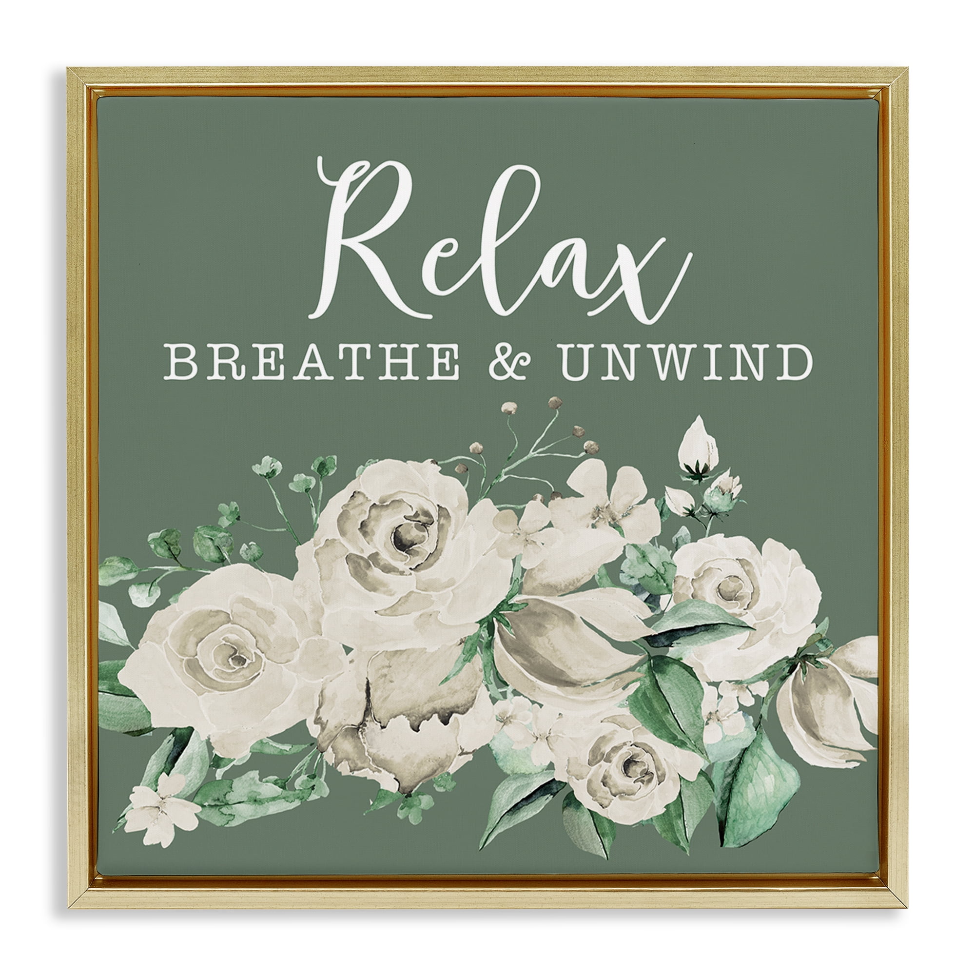 Stupell Industries Breathe & Unwind with Florals Bath & Laundry Painting Gold Floater Framed Canvas Art Print Wall Art, 18 x 18