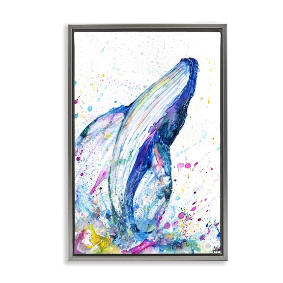 Stupell Industries Breech Whale with Splatter Gray Framed Floater Canvas Wall Art, design by Marc Allante