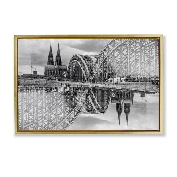 Stupell Industries Bridge & Cathedral Reflection Gold Framed Floater Canvas Wall Art design by Robin Vandenabeele, 21 x 31