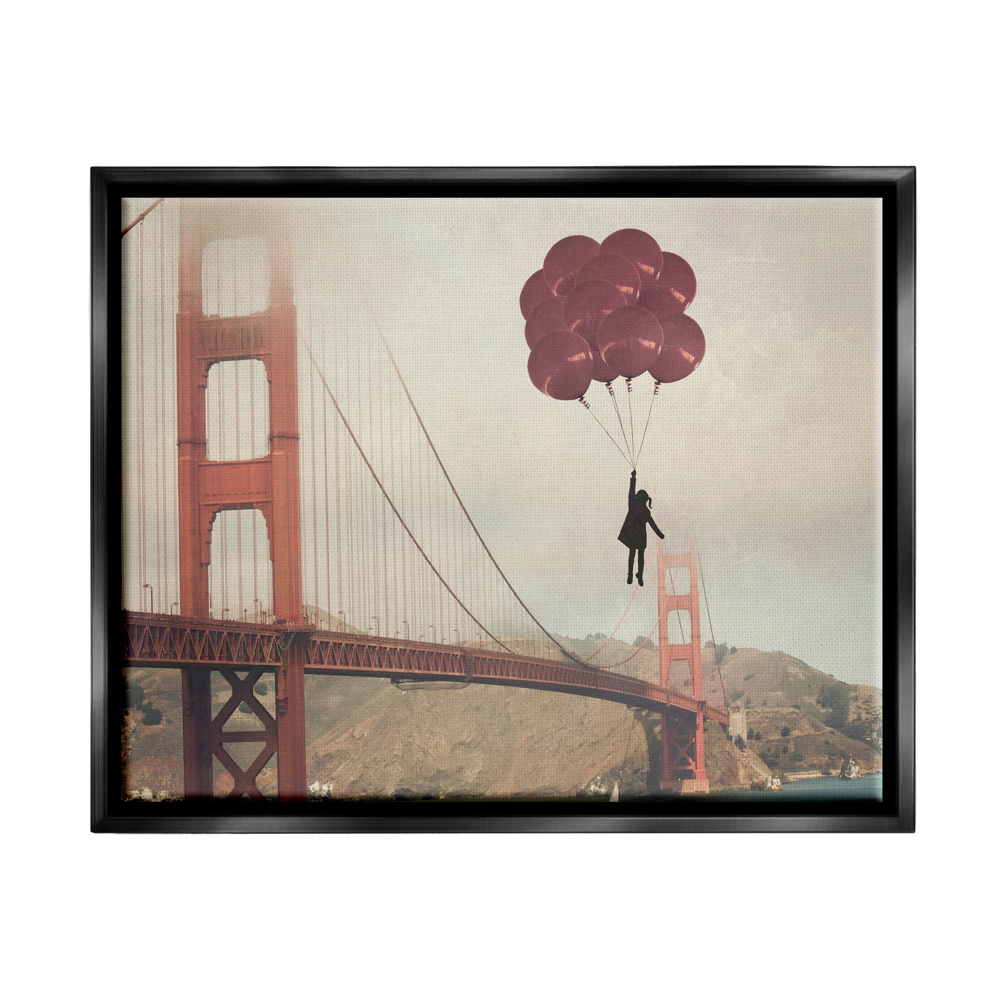 Stupell Industries Bridge Girl Balloons Abstract Modern Collage Design Jet Black Framed Floating Canvas Wall Art, 24x30, by Ashley Davis