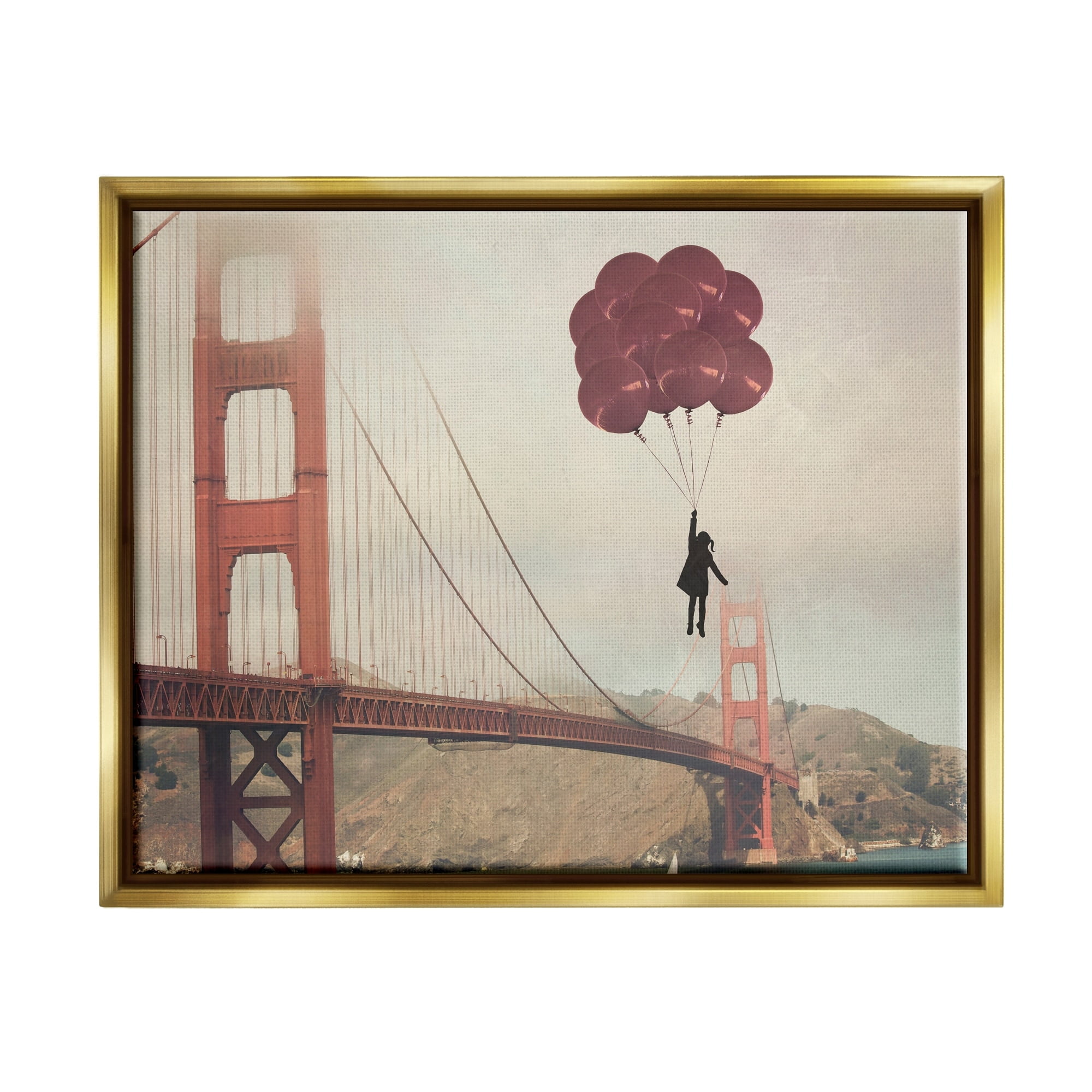 Stupell Industries Bridge Girl Balloons Abstract Modern Collage Design Metallic Gold Framed Floating Canvas Wall Art, 24x30, by Ashley Davis