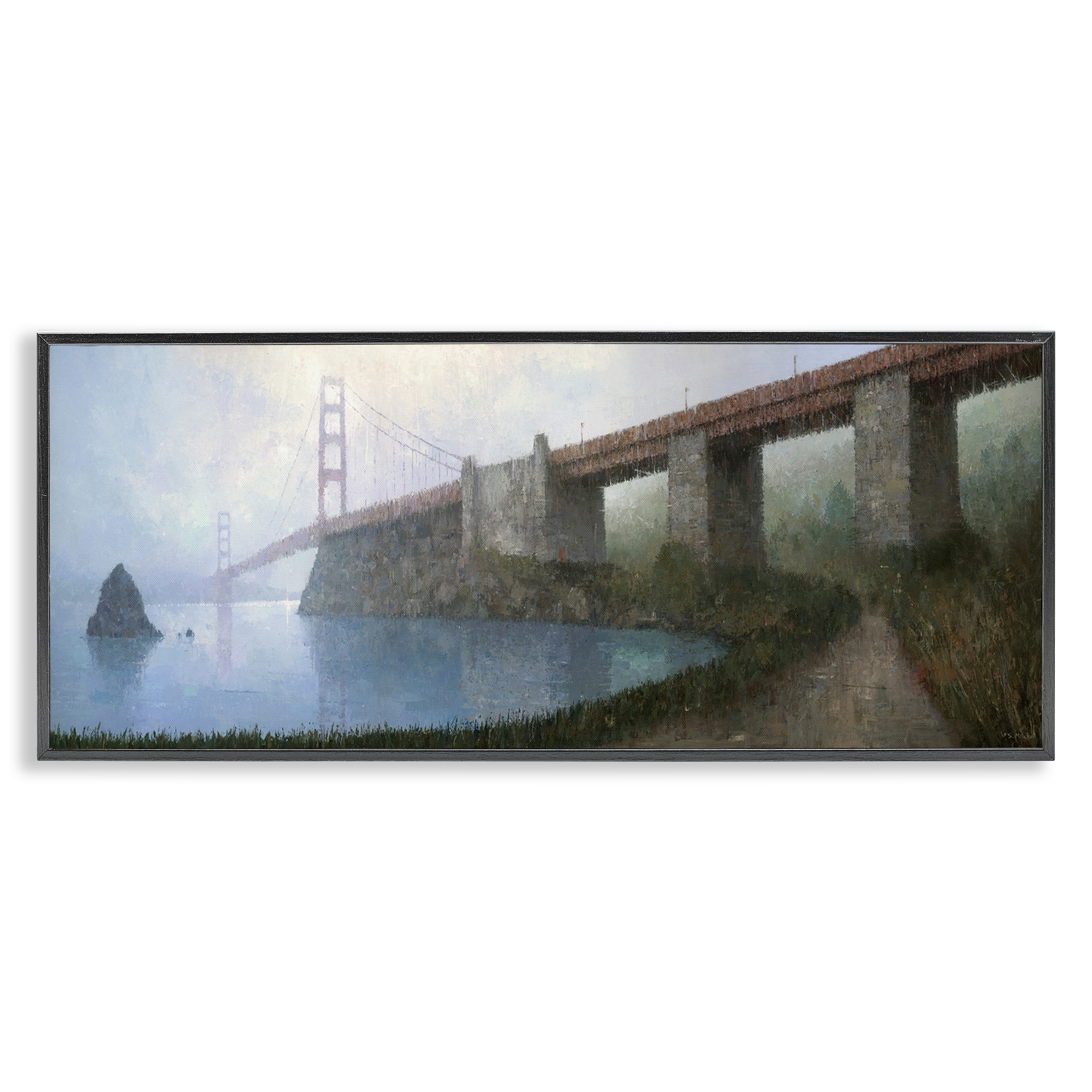 Stupell Industries Bridge over Misty Waters Buildings & Architecture Painting Black Framed Art Print Wall Art, 24 x 10