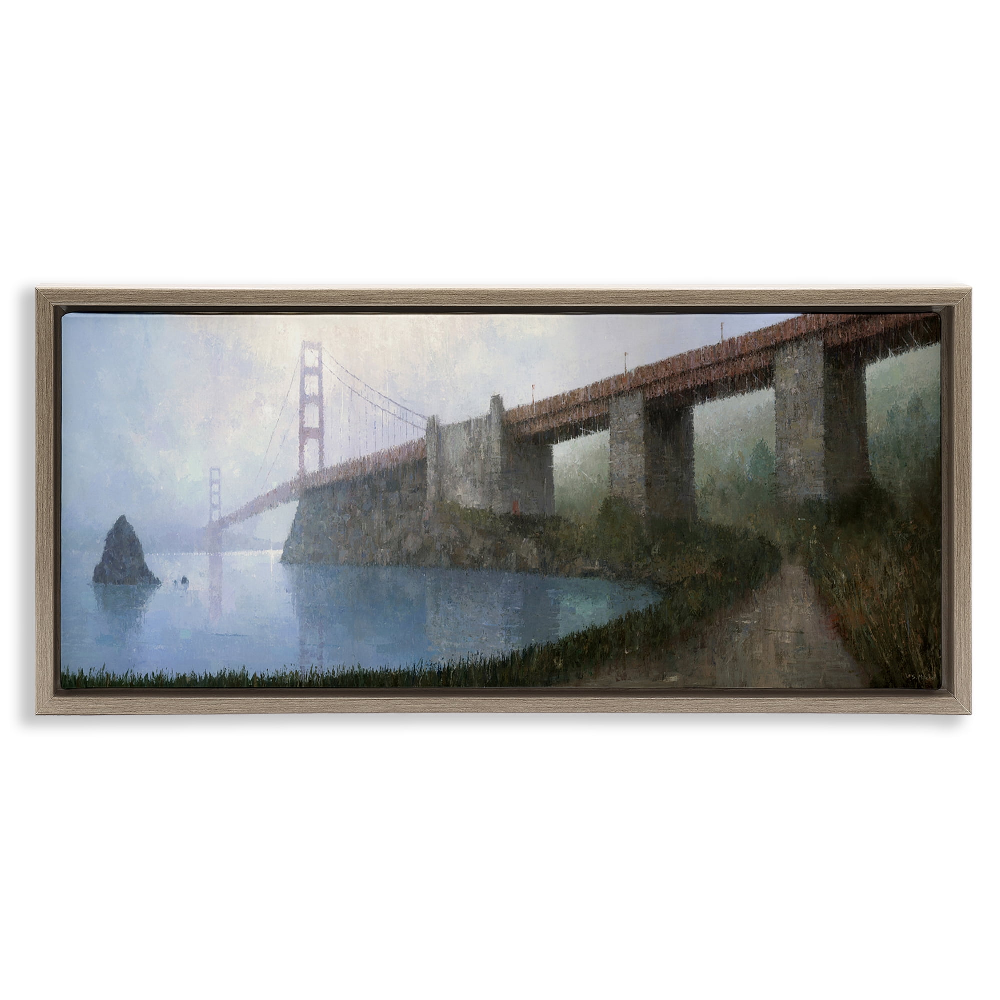 Stupell Industries Bridge over Misty Waters Buildings & Architecture Painting Brown Floater Framed Canvas Art Print Wall Art, 25 x 11