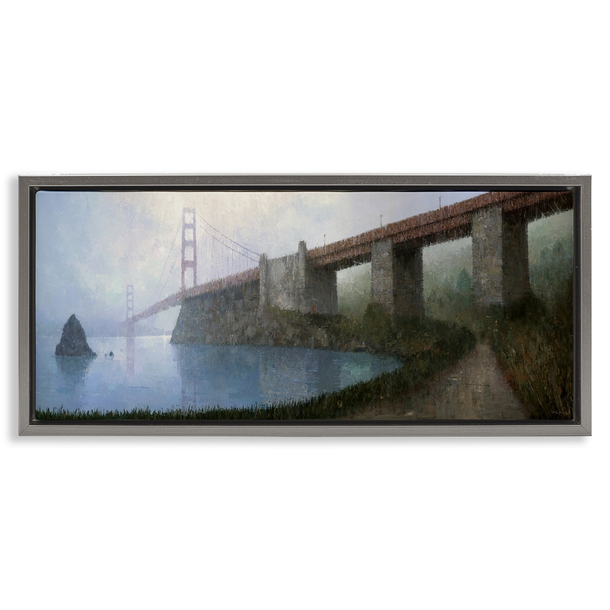 Stupell Industries Bridge over Misty Waters Buildings & Architecture Painting Gray Floater Framed Canvas Art Print Wall Art, 25 x 11