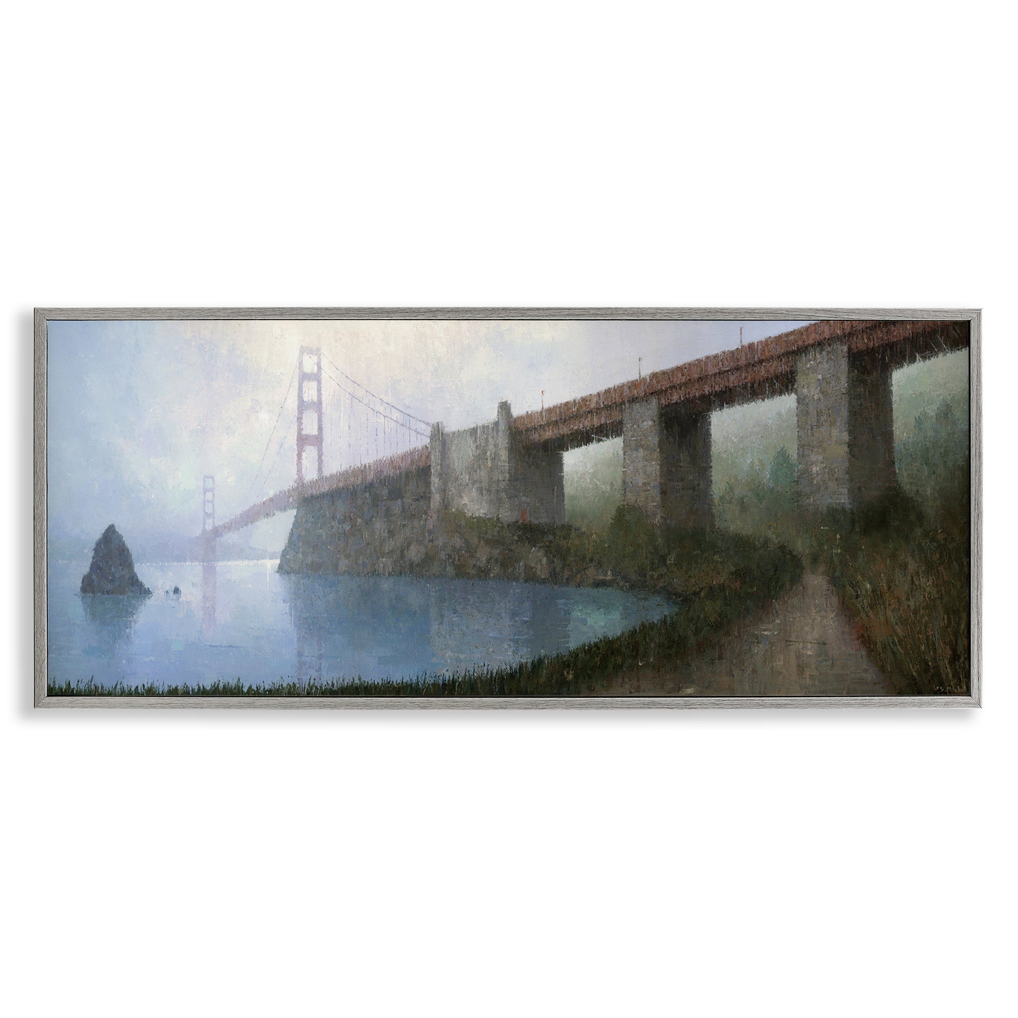Stupell Industries Bridge over Misty Waters Buildings & Architecture Painting Gray Framed Art Print Wall Art, 30 x 13