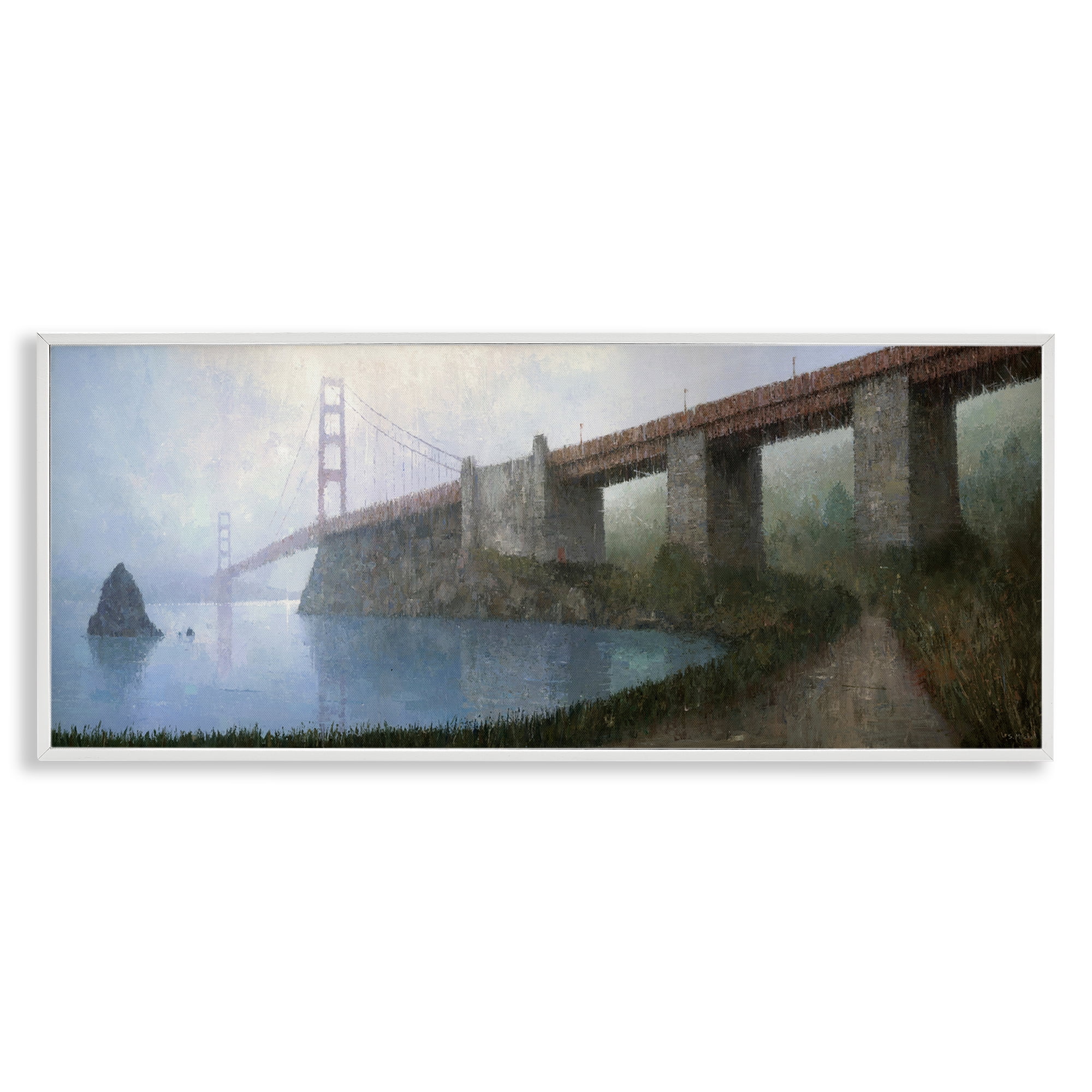 Stupell Industries Bridge over Misty Waters Buildings & Architecture Painting White Framed Art Print Wall Art, 30 x 13