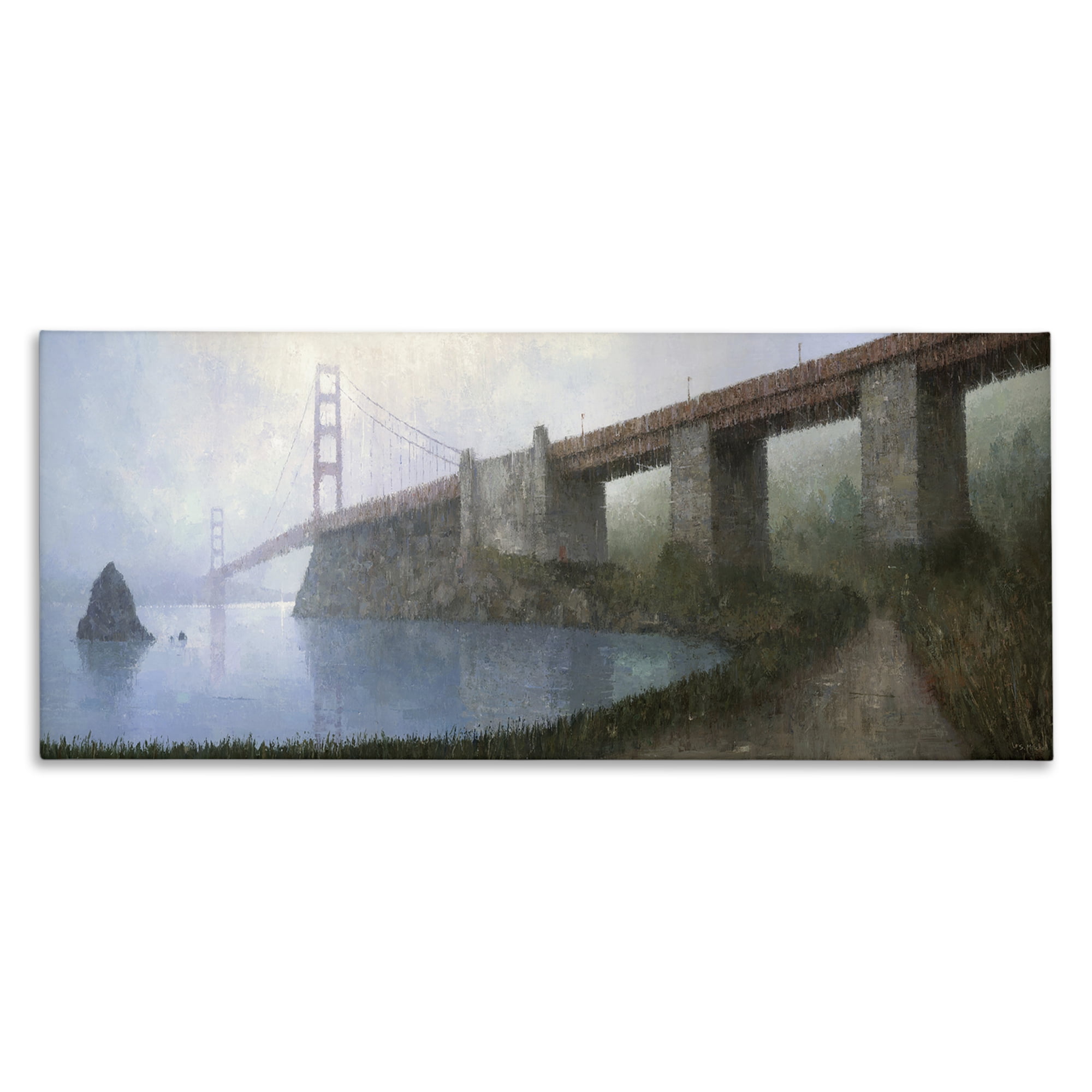 Stupell Industries Bridge over Misty Waters Buildings & Architecture Painting Wrapped Canvas Art Print Wall Art, 24 x 10