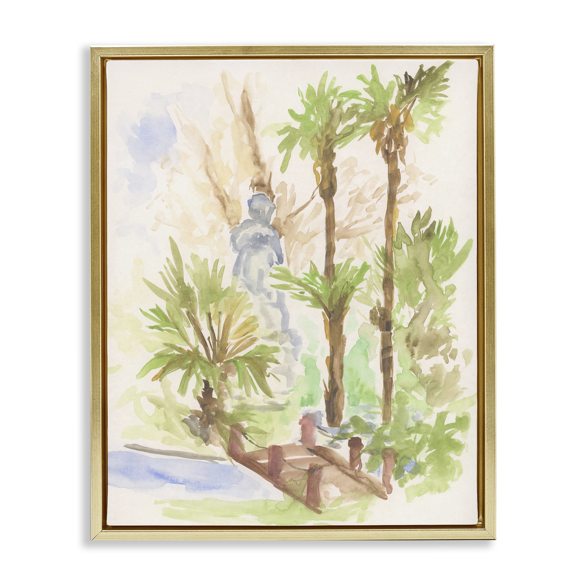 Stupell Industries Bridge over River Abstract Landscape & Nature Painting Gold Floater Framed Canvas Art Print Wall Art, 17 x 21