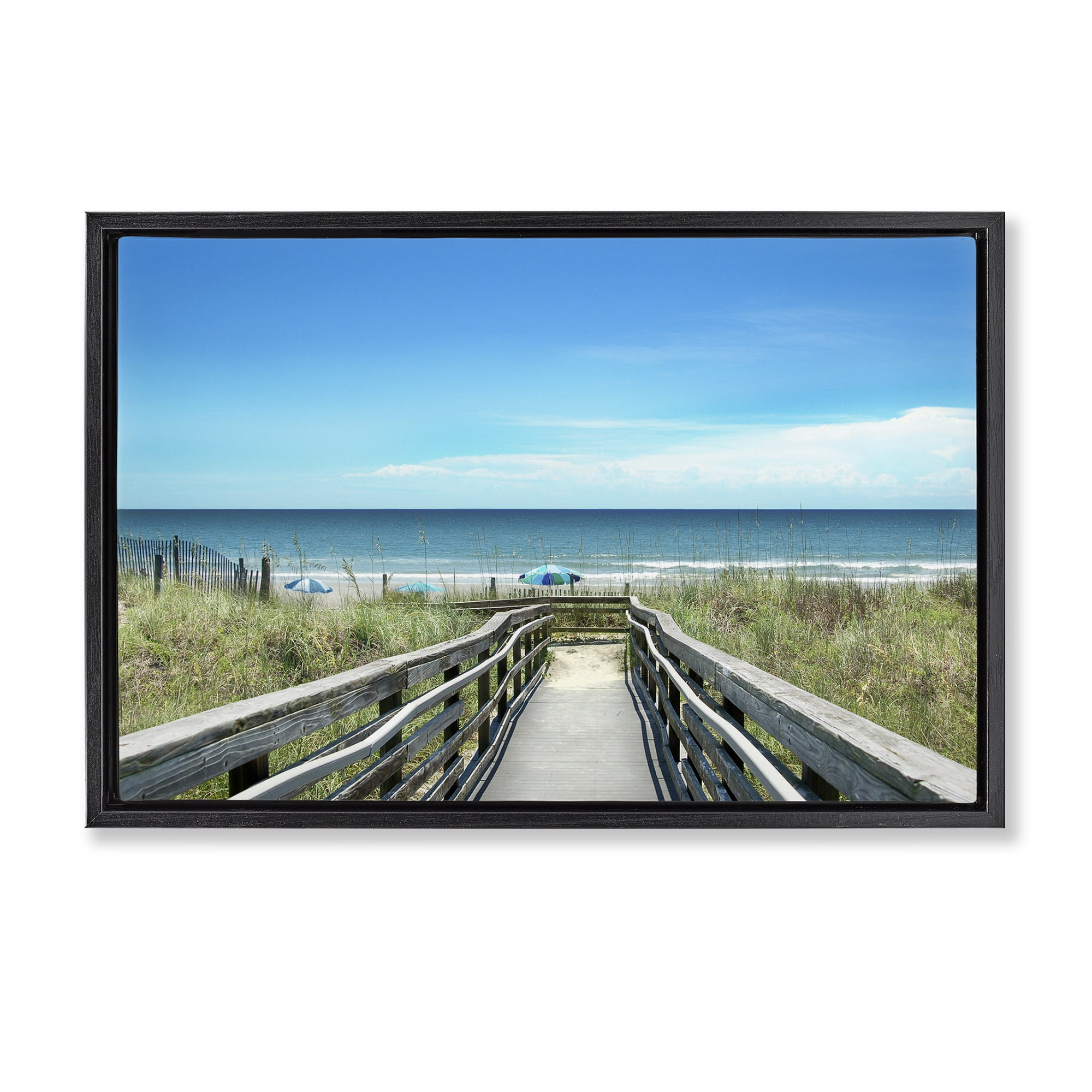 Stupell Industries Bridge to Beach View Landscape Photography Black Floater Framed Canvas Art Print Wall Art, 31 x 21
