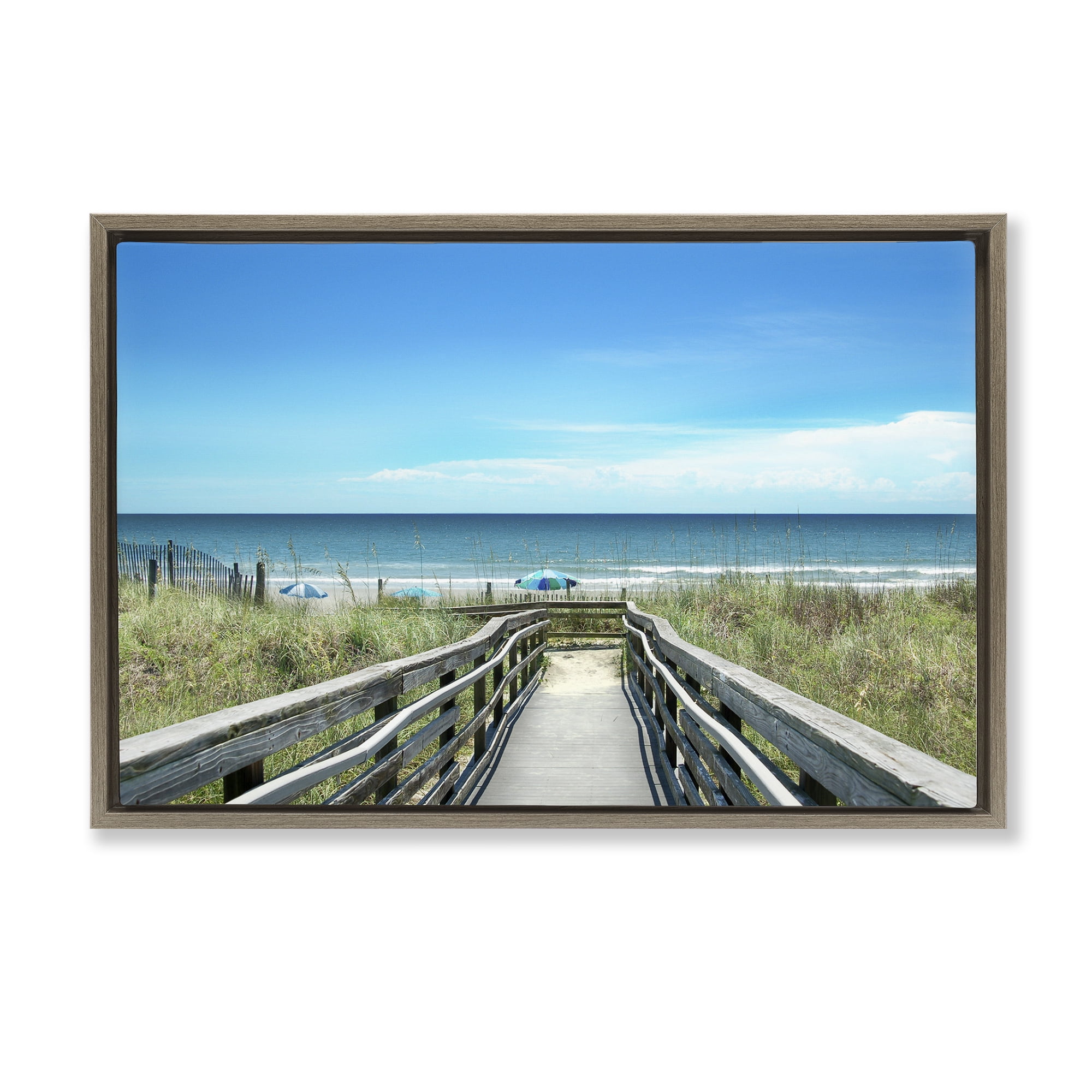 Stupell Industries Bridge to Beach View Landscape Photography Brown Floater Framed Canvas Art Print Wall Art, 31 x 21