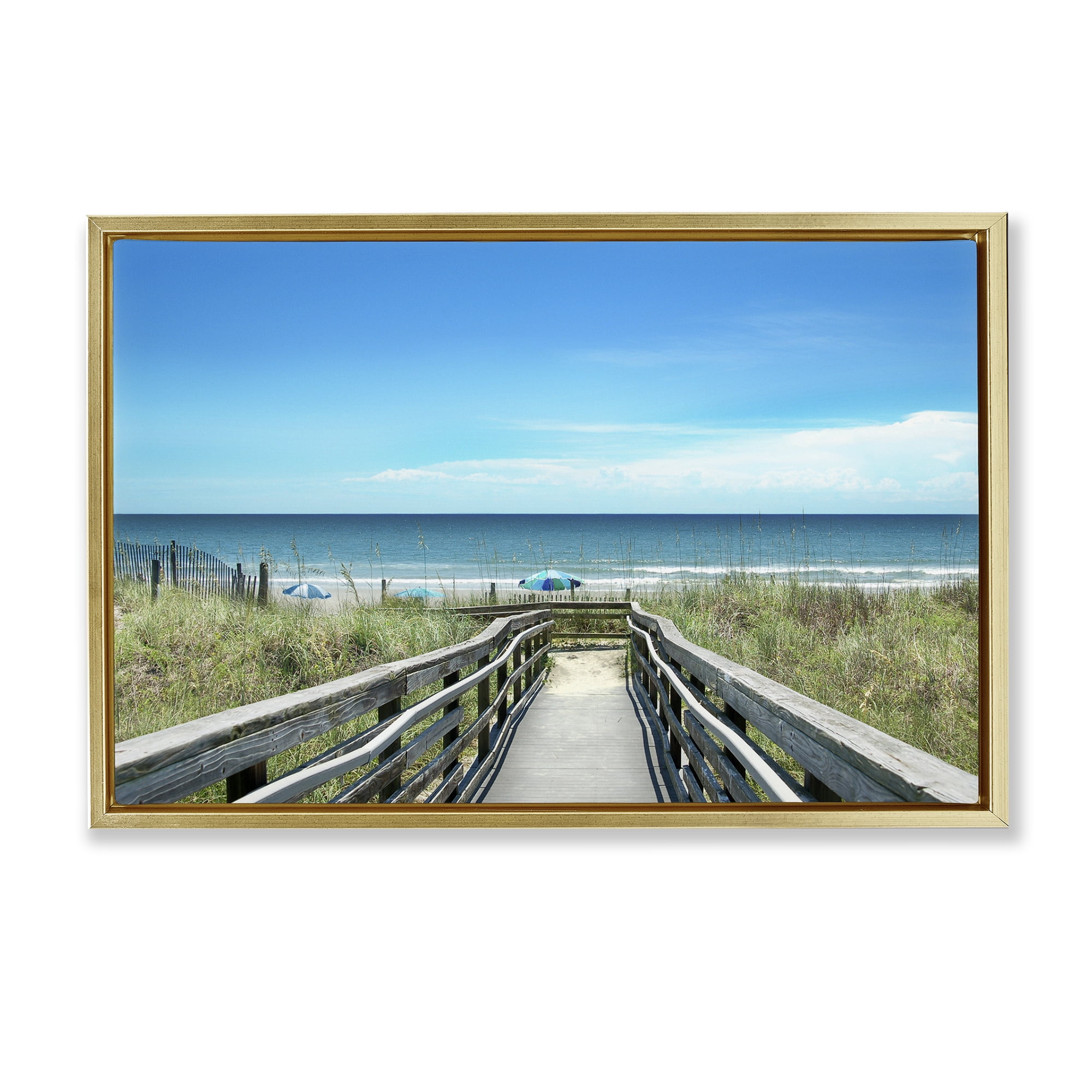 Stupell Industries Bridge to Beach View Landscape Photography Gold Floater Framed Canvas Art Print Wall Art, 31 x 21