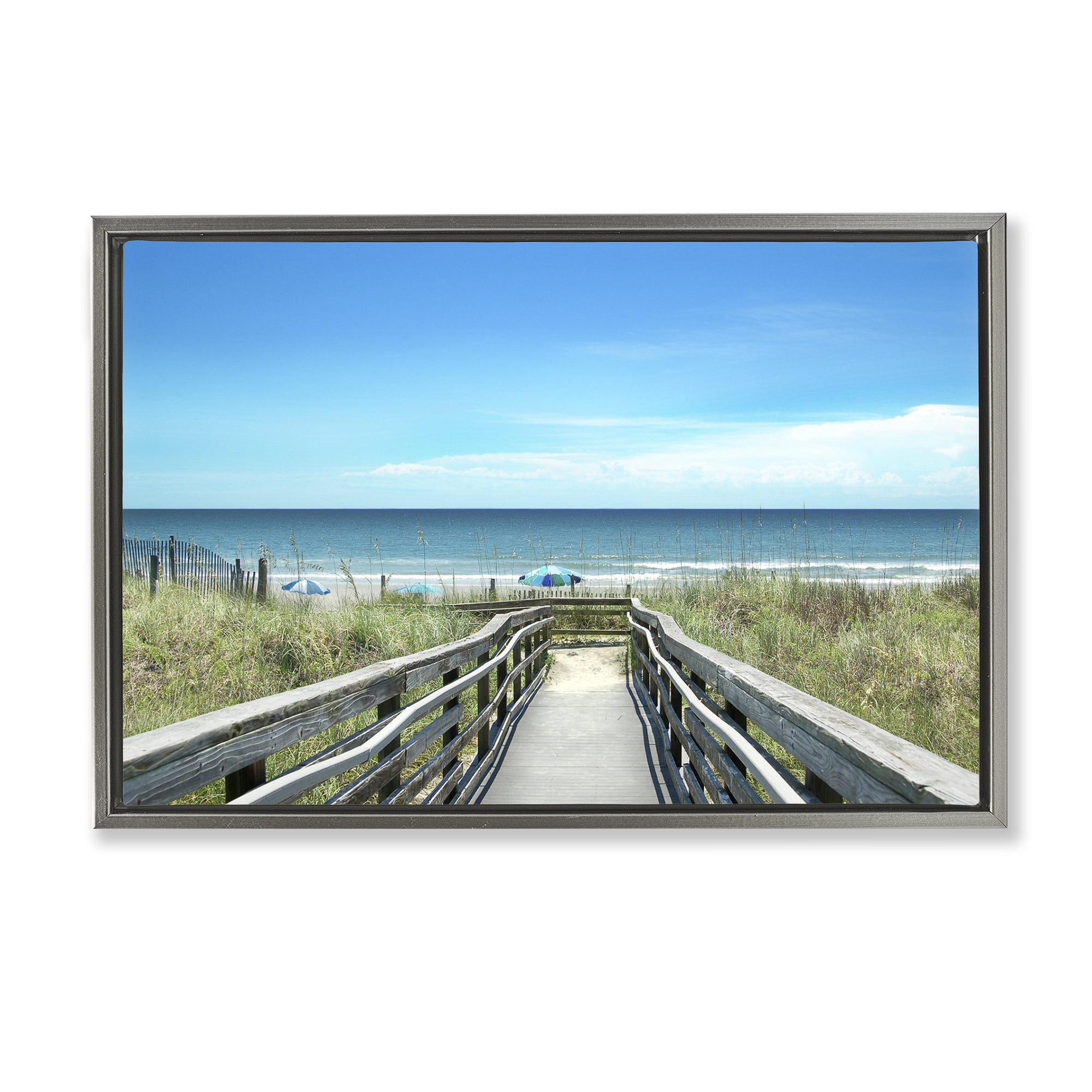 Stupell Industries Bridge to Beach View Landscape Photography Gray Floater Framed Canvas Art Print Wall Art, 25 x 17