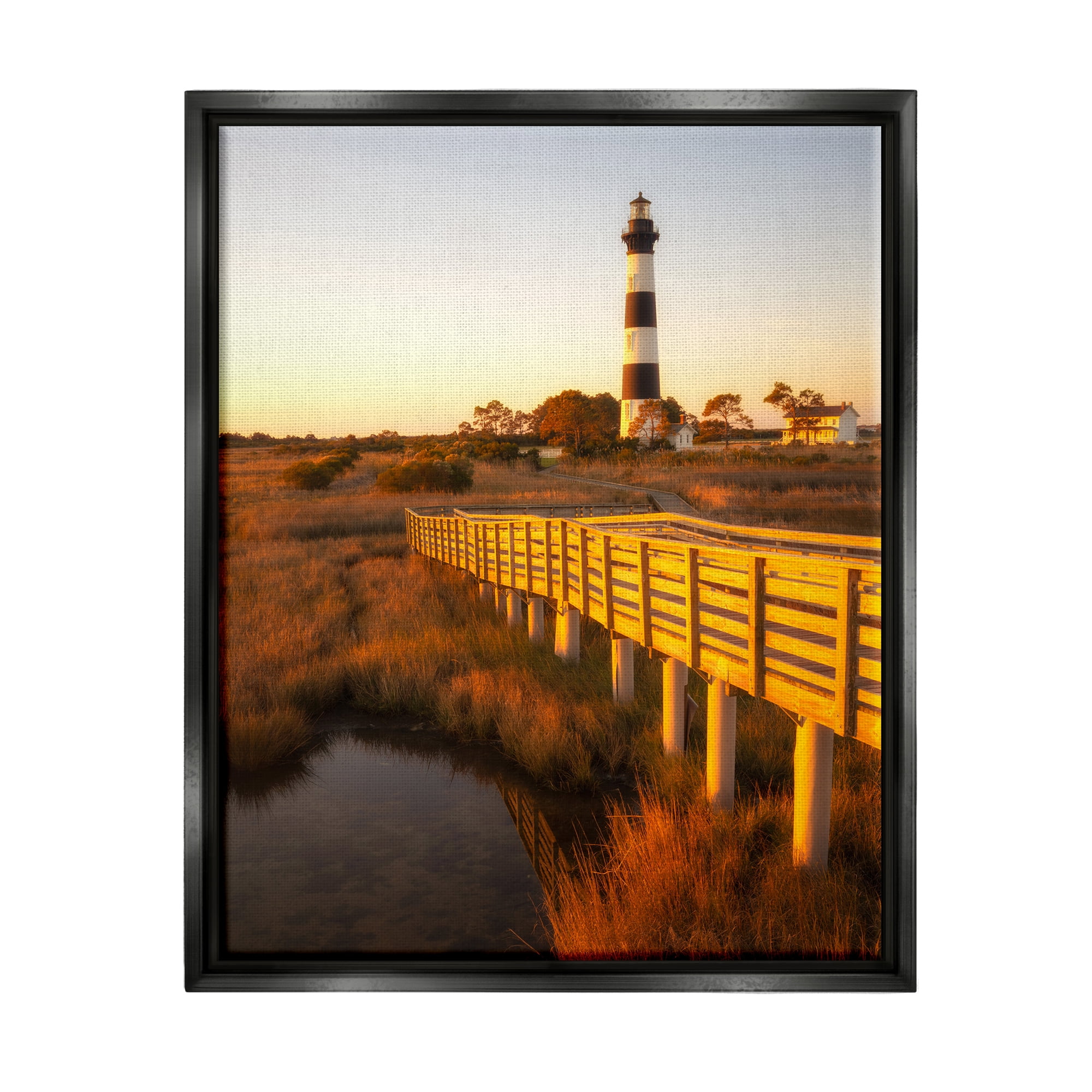 Stupell Industries Bridge to Lighthouse Nature Photography Black Floater Framed Canvas Art Print Wall Art, 25 x 31