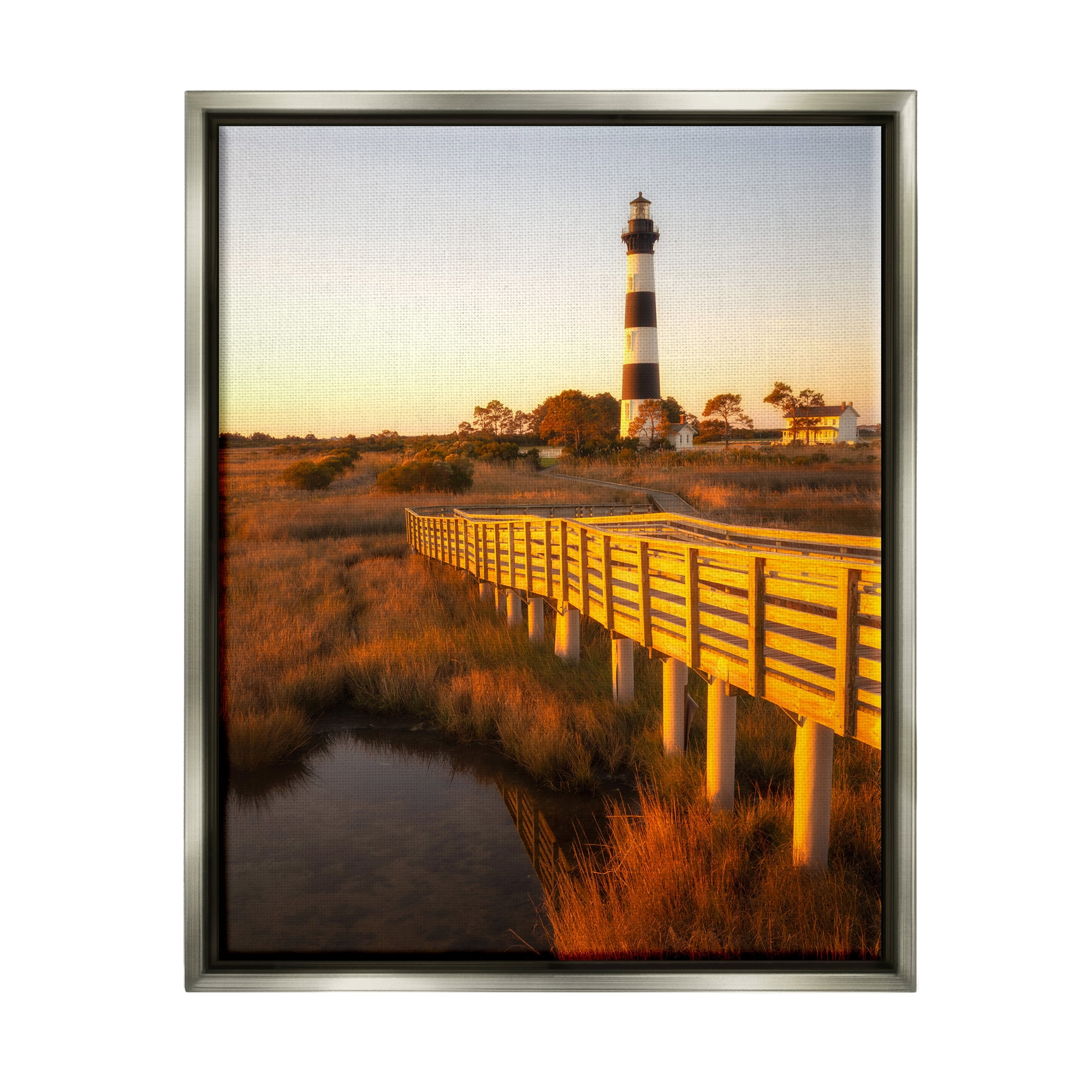 Stupell Industries Bridge to Lighthouse Nature Photography Gray Floater Framed Canvas Art Print Wall Art, 17 x 21