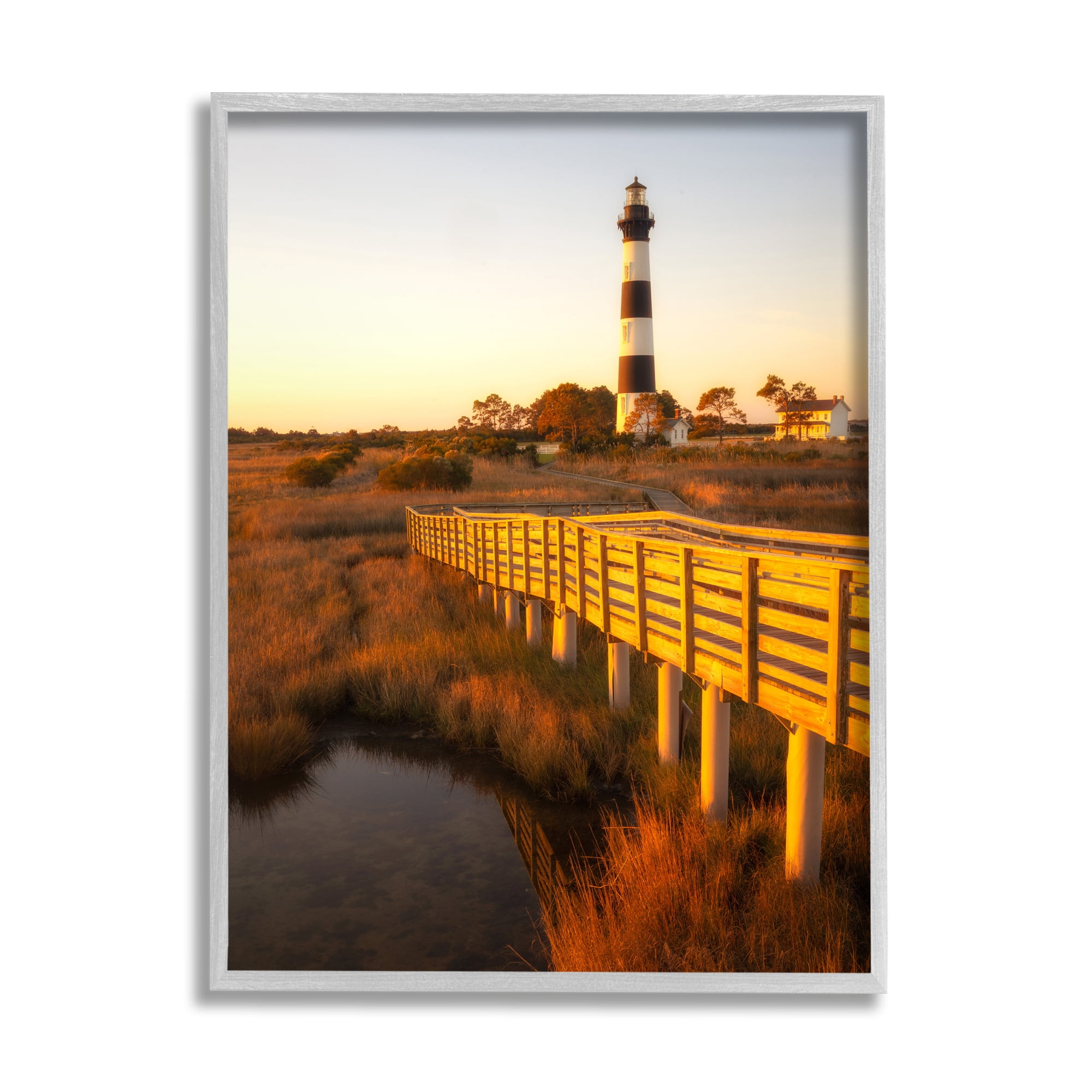 Stupell Industries Bridge to Lighthouse Nature Photography Gray Framed Art Print Wall Art, 11 x 14