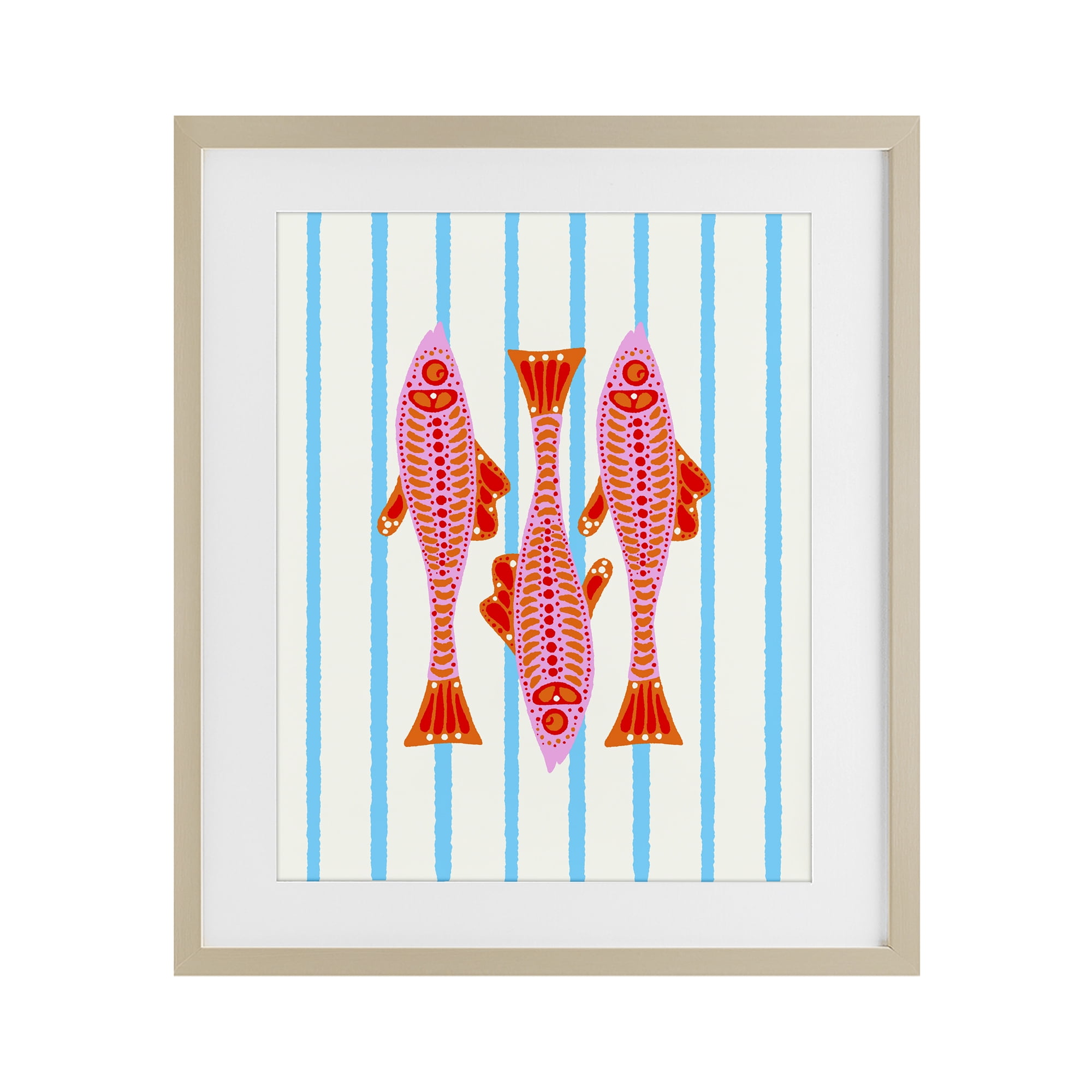 Stupell Industries Bright Aquatic Fish on Stripes Birch Framed Print Under Glass, design by Indira Prieto | IndySign