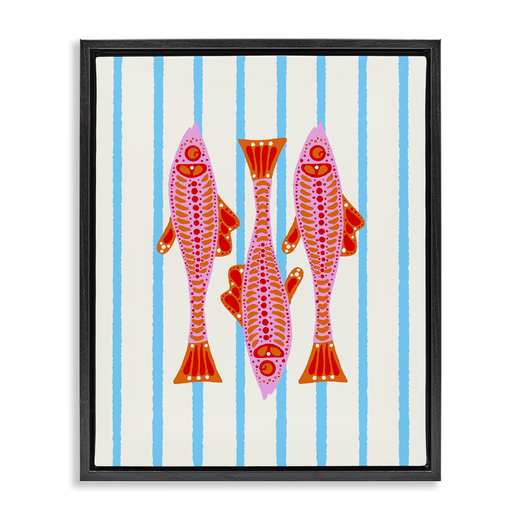 Stupell Industries Bright Aquatic Fish on Stripes Black Framed Floater Canvas Wall Art, design by Indira Prieto | IndySign