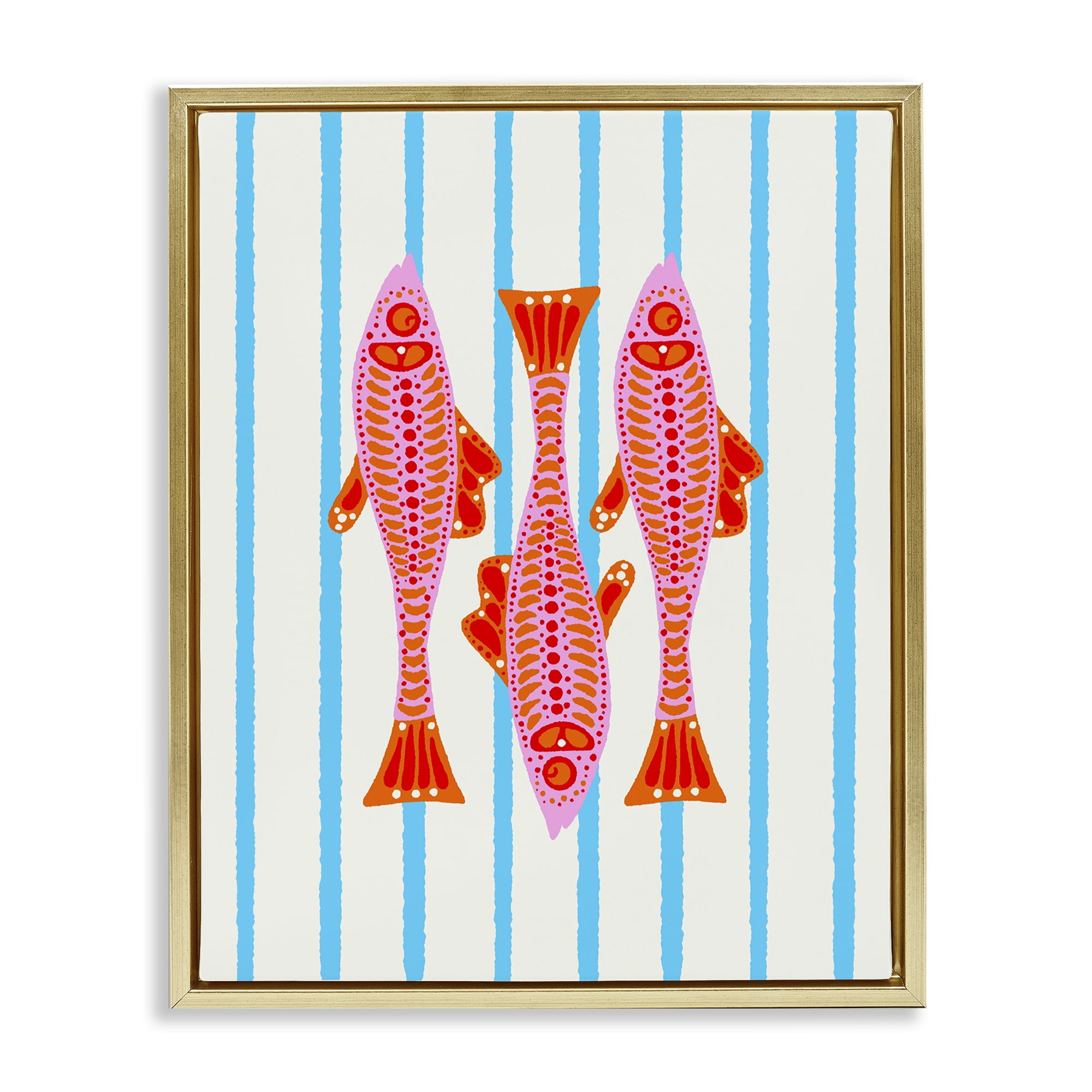 Stupell Industries Bright Aquatic Fish on Stripes Gold Framed Floater Canvas Wall Art, design by Indira Prieto | IndySign