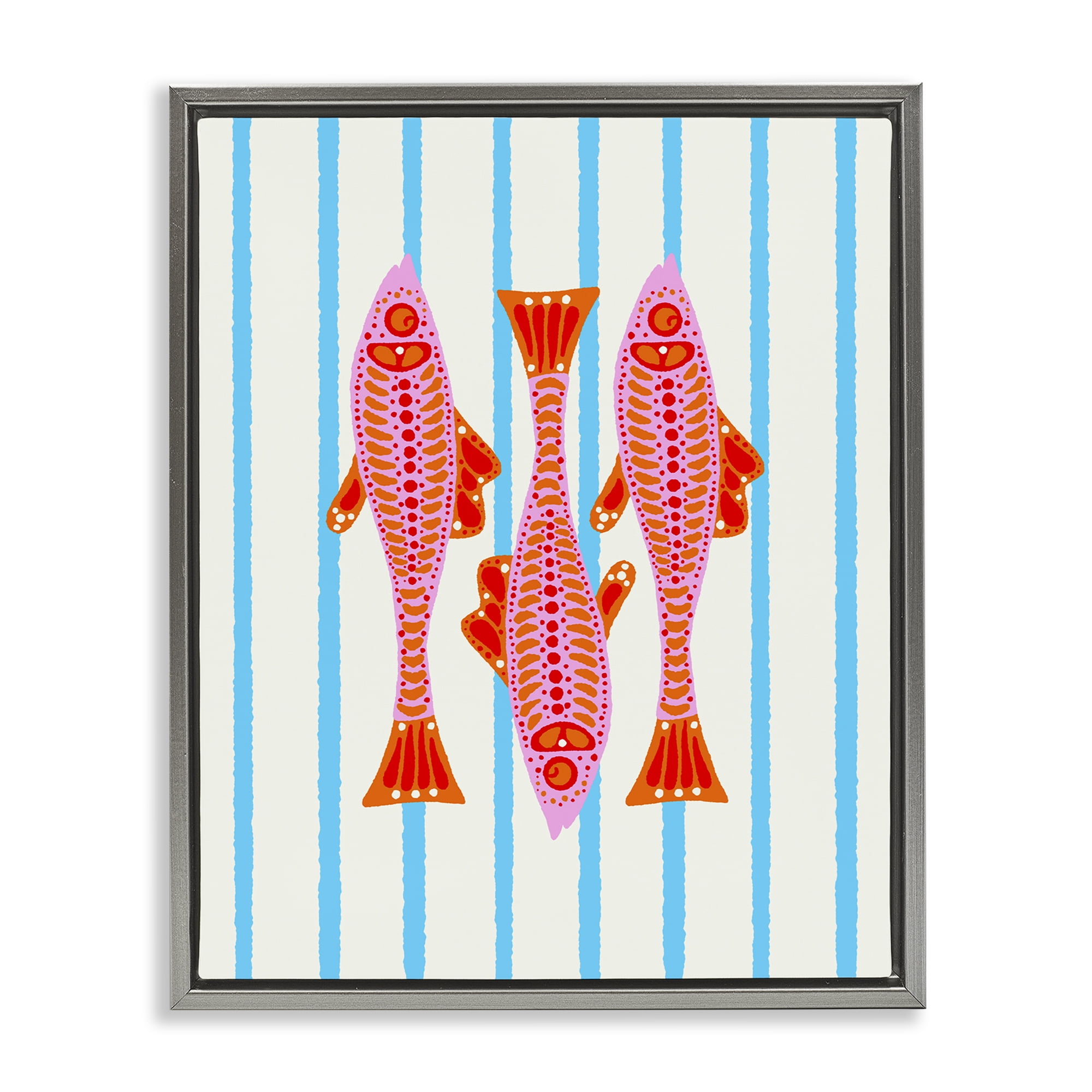 Stupell Industries Bright Aquatic Fish on Stripes Gray Framed Floater Canvas Wall Art, design by Indira Prieto | IndySign
