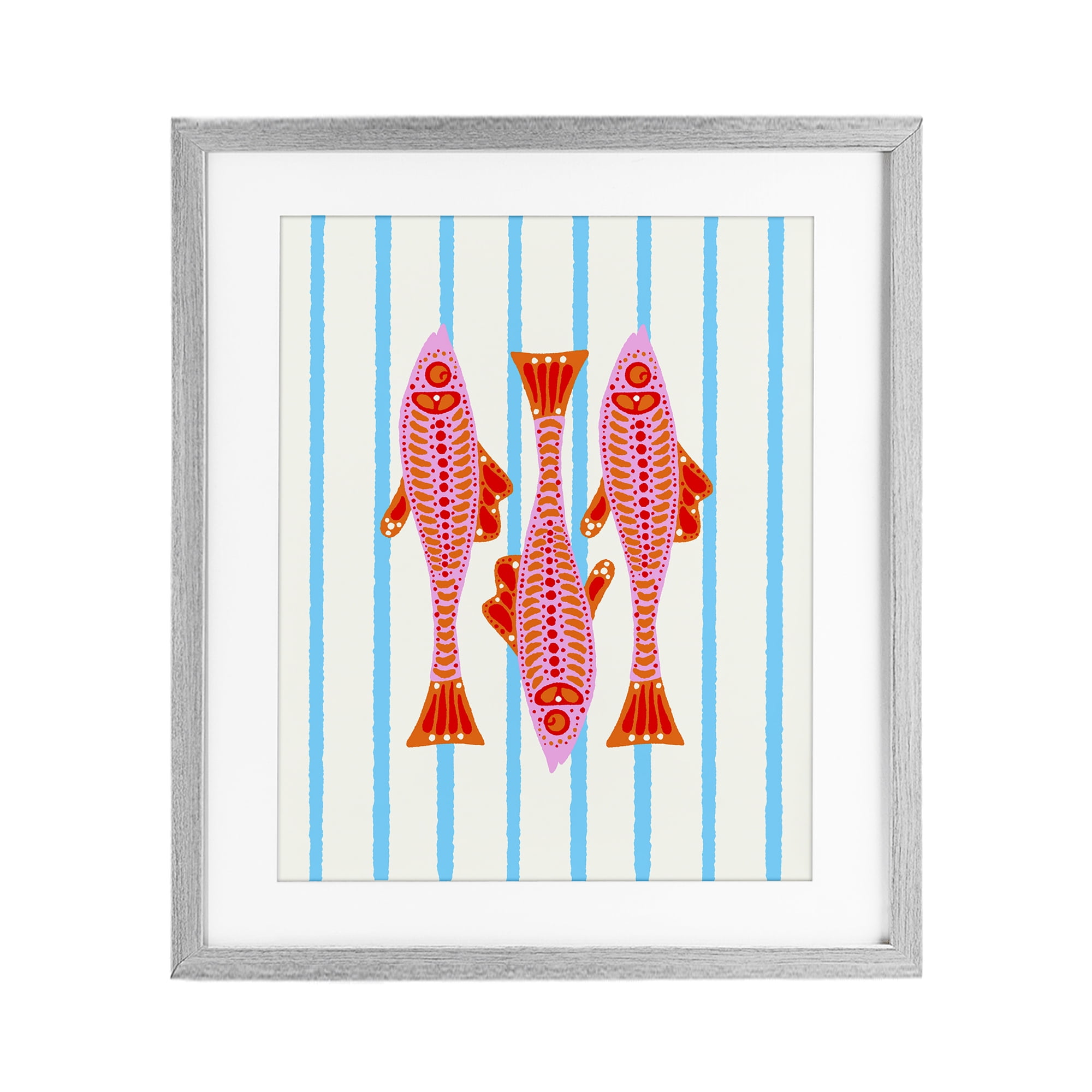 Stupell Industries Bright Aquatic Fish on Stripes Gray Framed Print Under Glass, design by Indira Prieto | IndySign