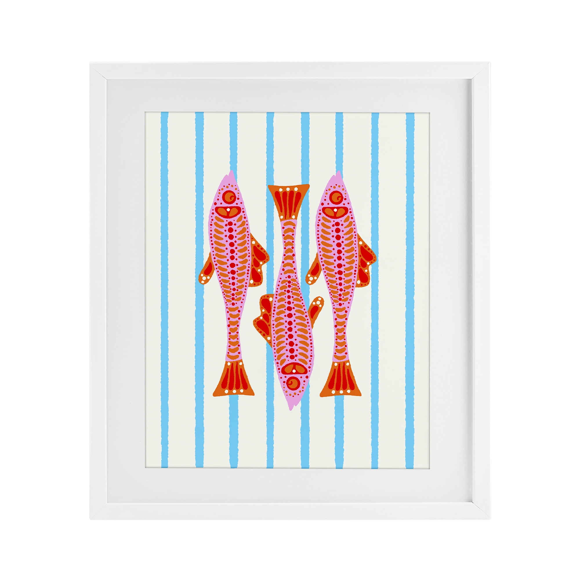 Stupell Industries Bright Aquatic Fish on Stripes White Framed Print Under Glass, design by Indira Prieto | IndySign